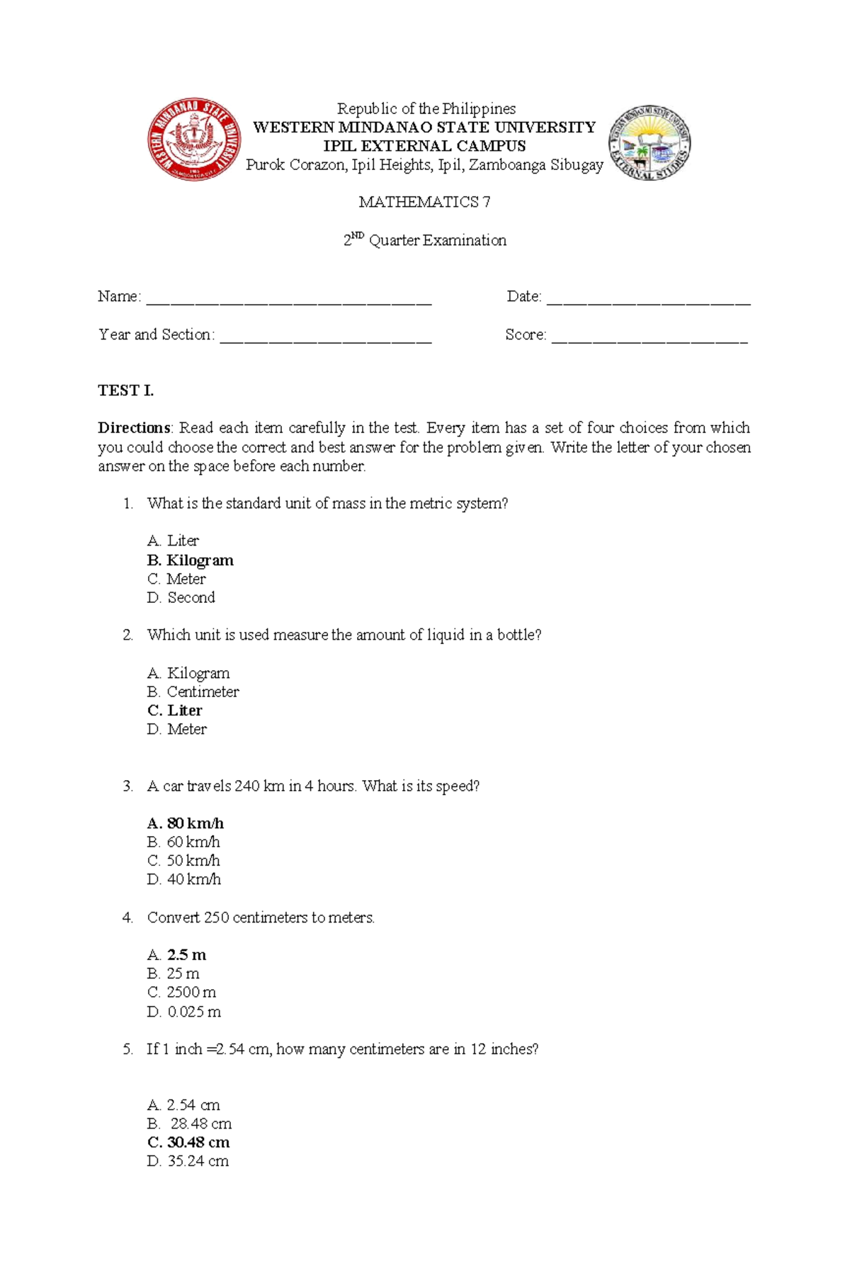 MATHEMATICS 7 TQ - 2ND Quarter Examination Review - Studocu