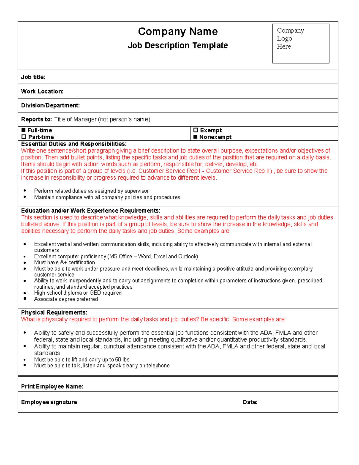 Job Description Template for HR Position - Template 02 - Studocu