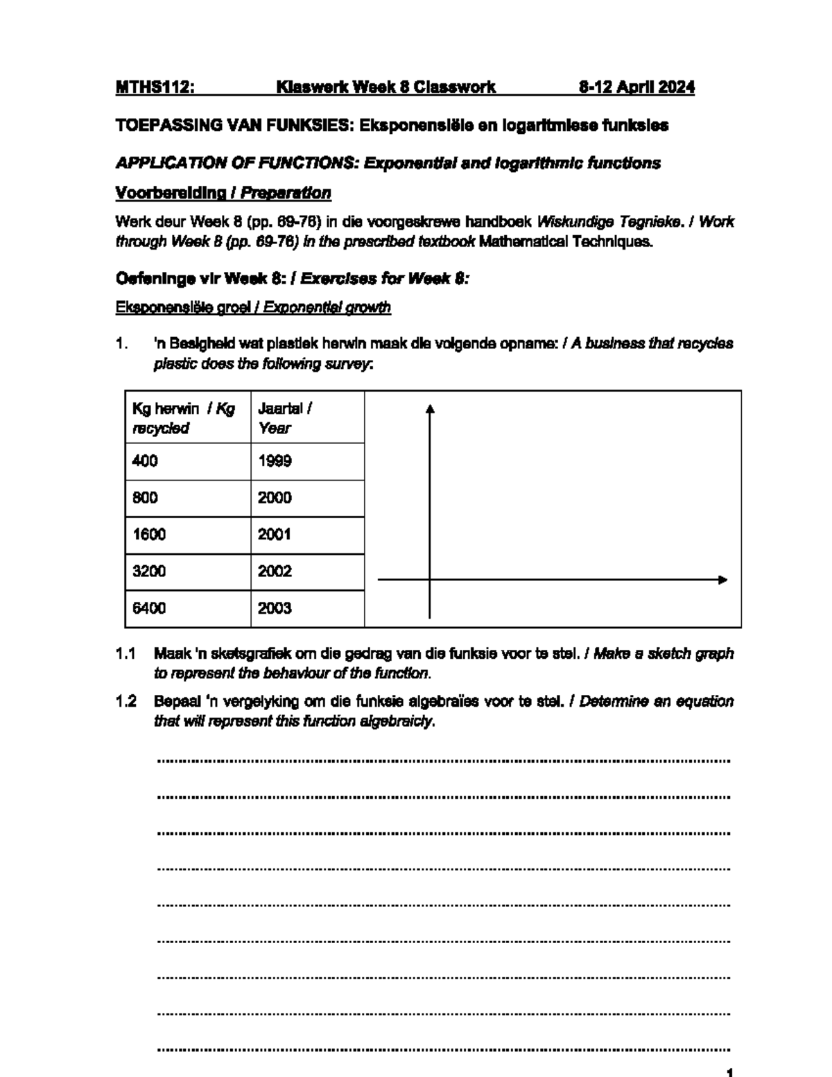 MTHS112: Week 8 Classwork on Exponential & Logarithmic Functions - Studocu