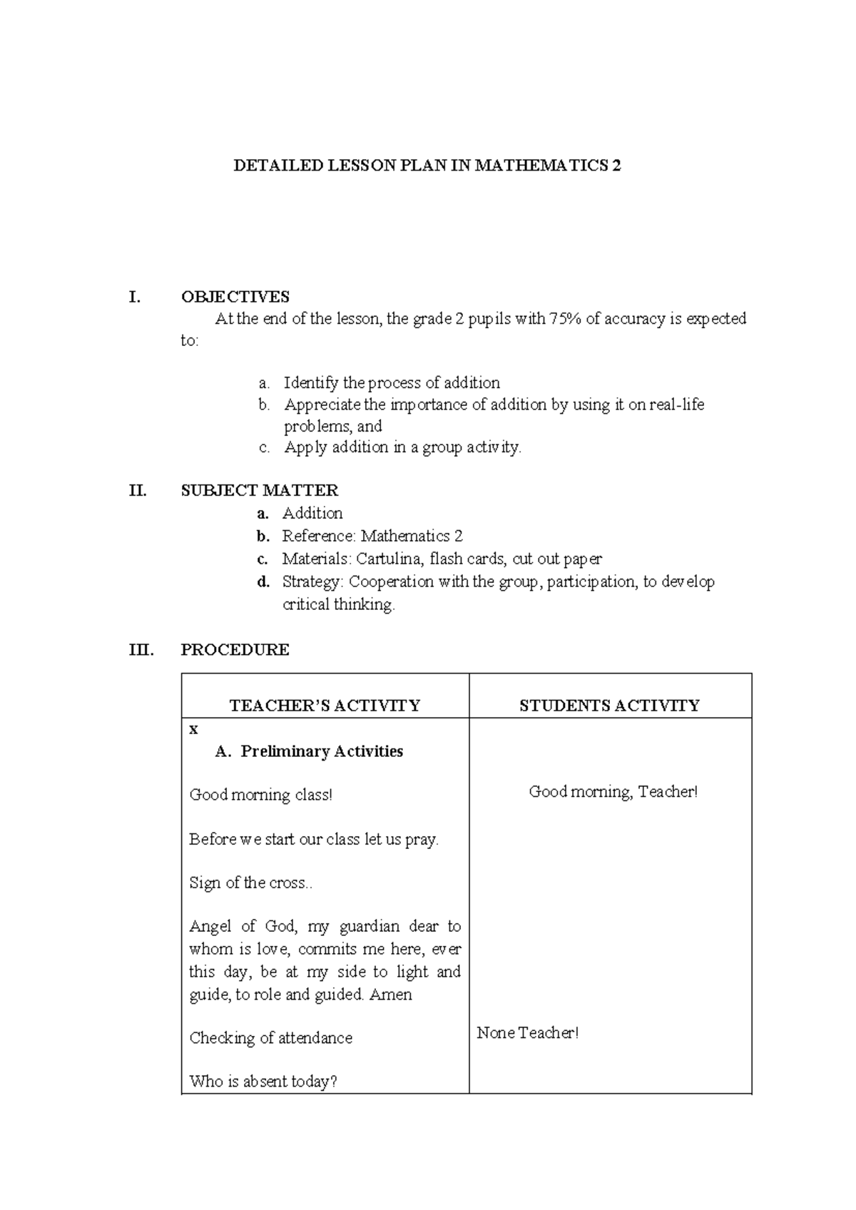 Detailed Lesson Plan in Mathematics 2: Focus on Addition Concepts - Studocu