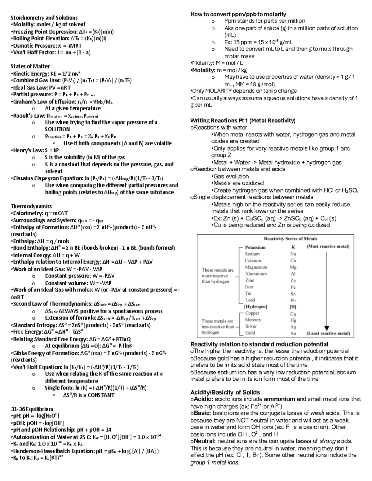 Chem 101 Lab Cheat Sheet: Stoichiometry, Thermodynamics & Equilibrium ...