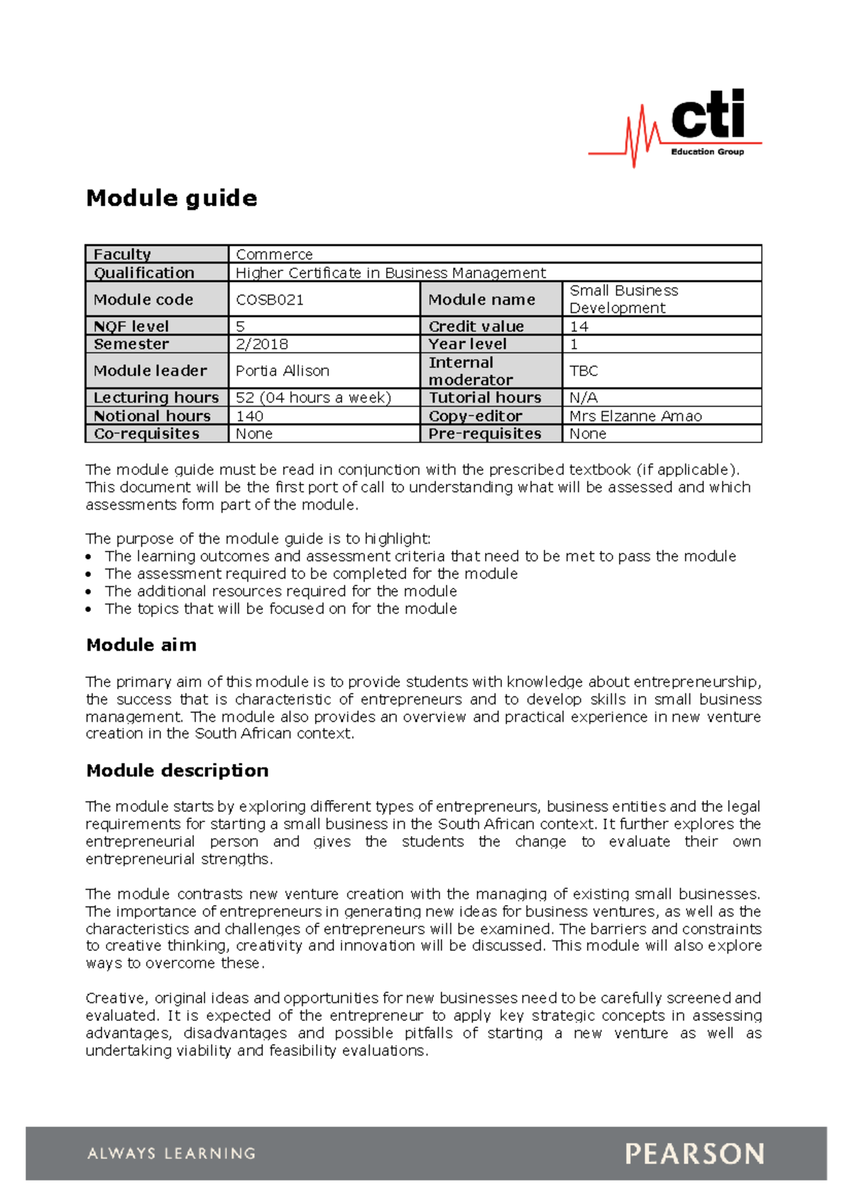 COSB021 - Small Business Development Module Guide S2 2018 - Studocu