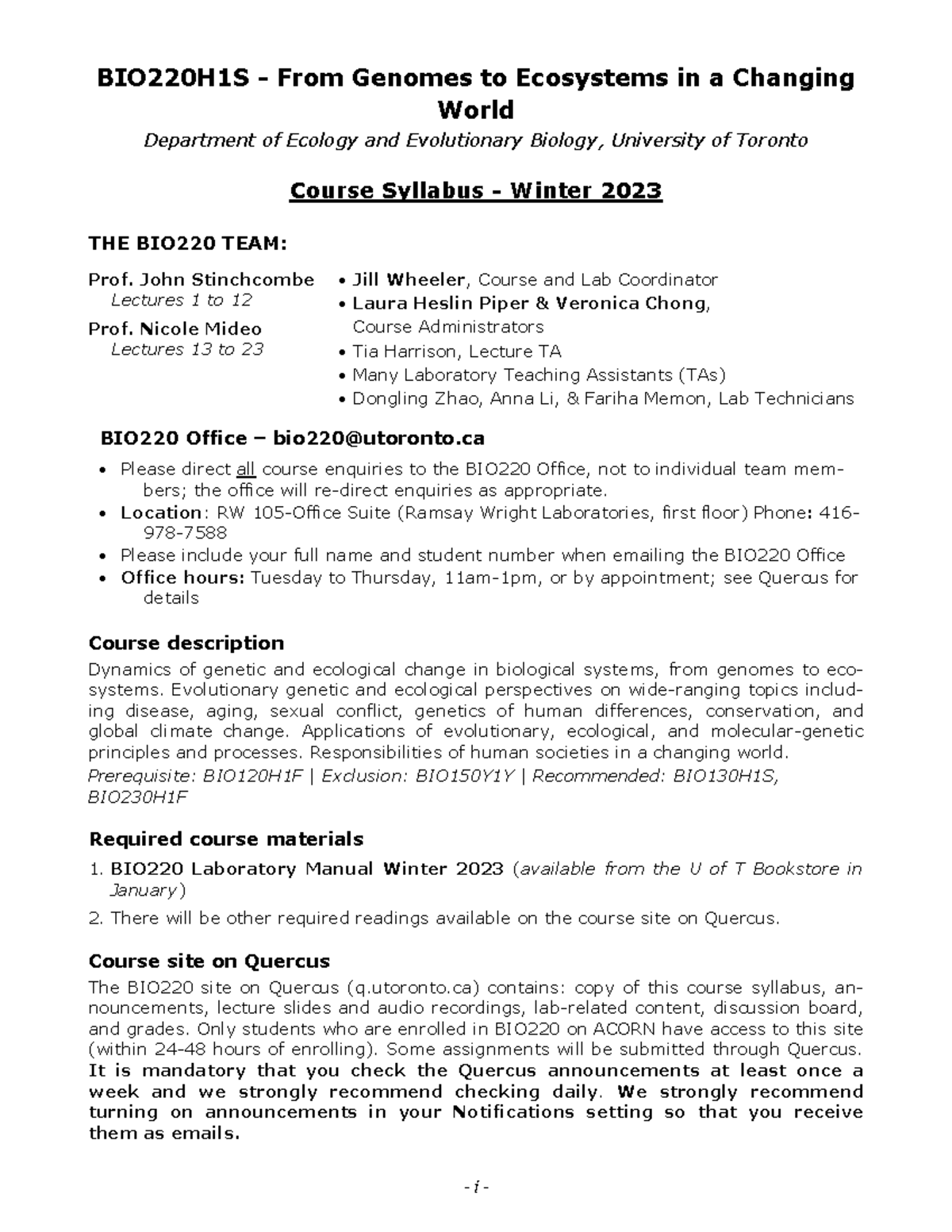 BIO220H1S Winter 2023 Course Syllabus: From Genomes to Ecosystems - Studocu