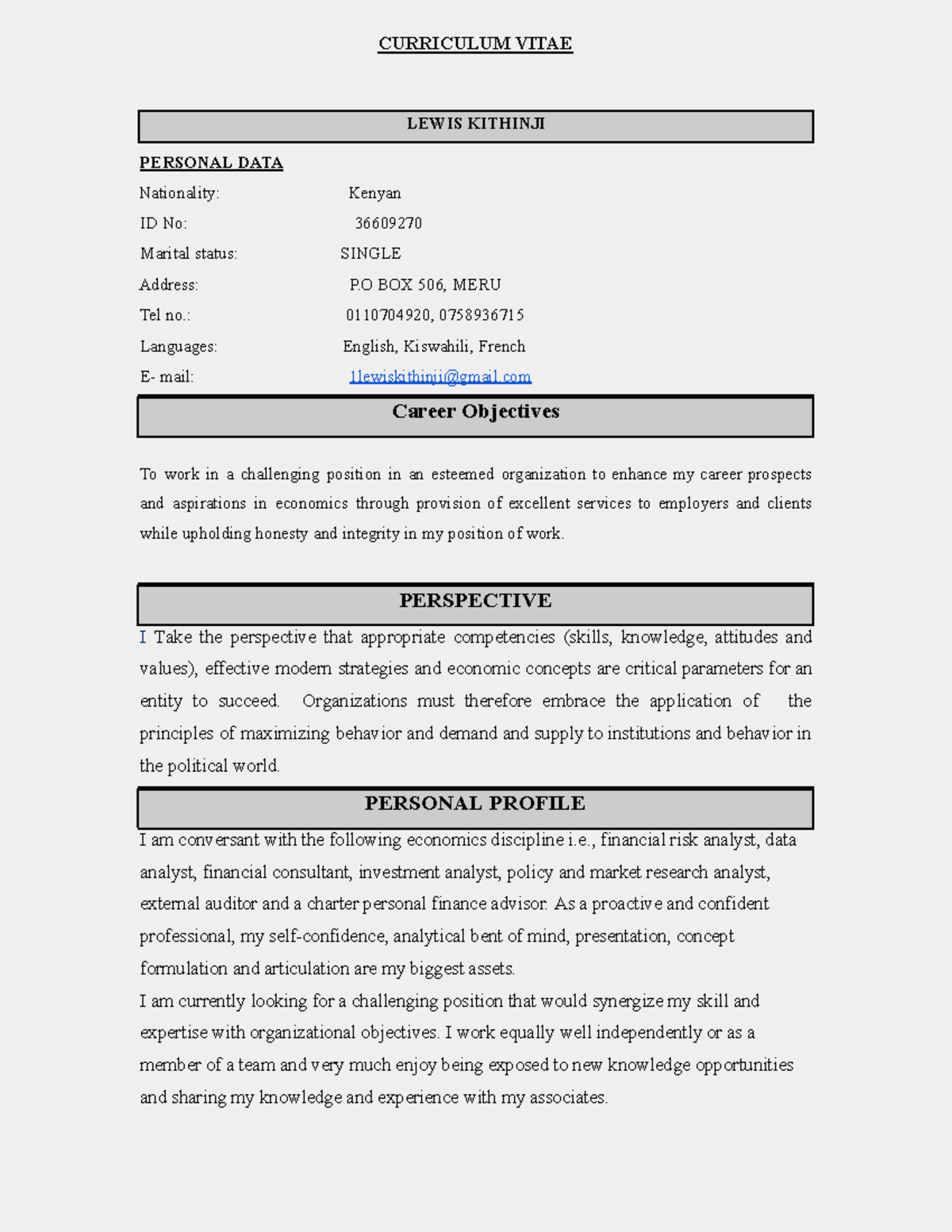 Lewis Kithinji Curriculum Vitae - Updated 2023 - Studocu