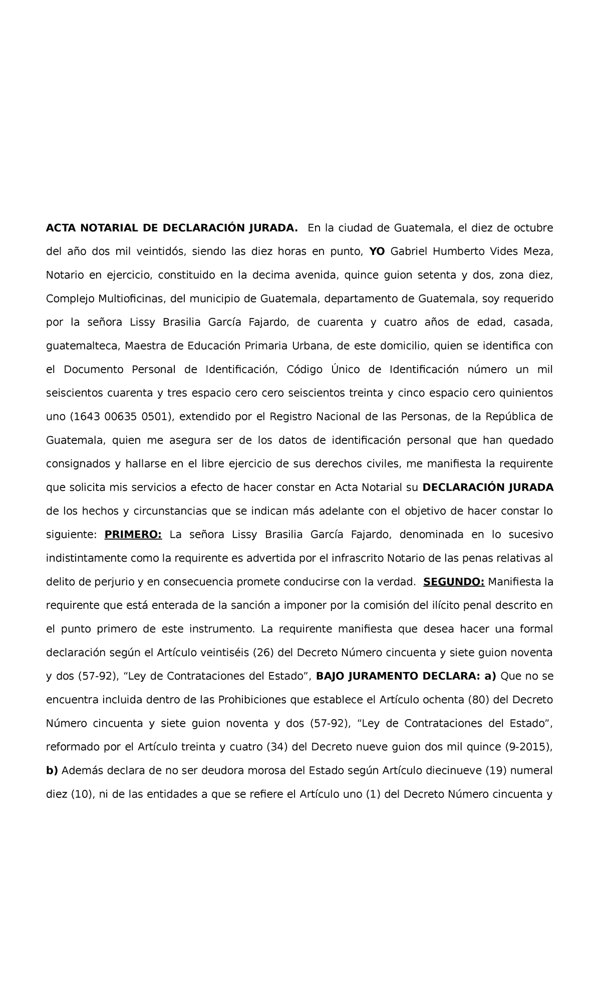 Acta Notarial de Declaración Jurada - Guatemala 2022 - Studocu