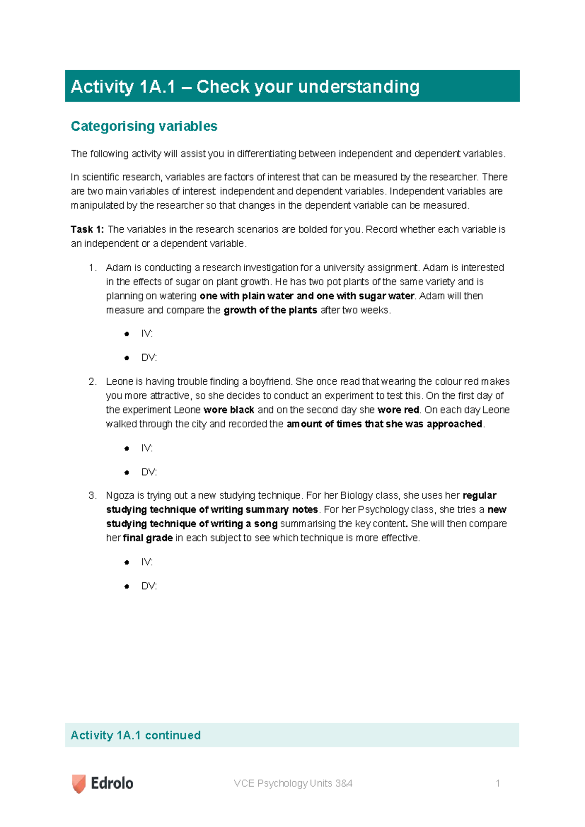 VCE Psychology Activities: Understanding Variables & Testable Questions ...