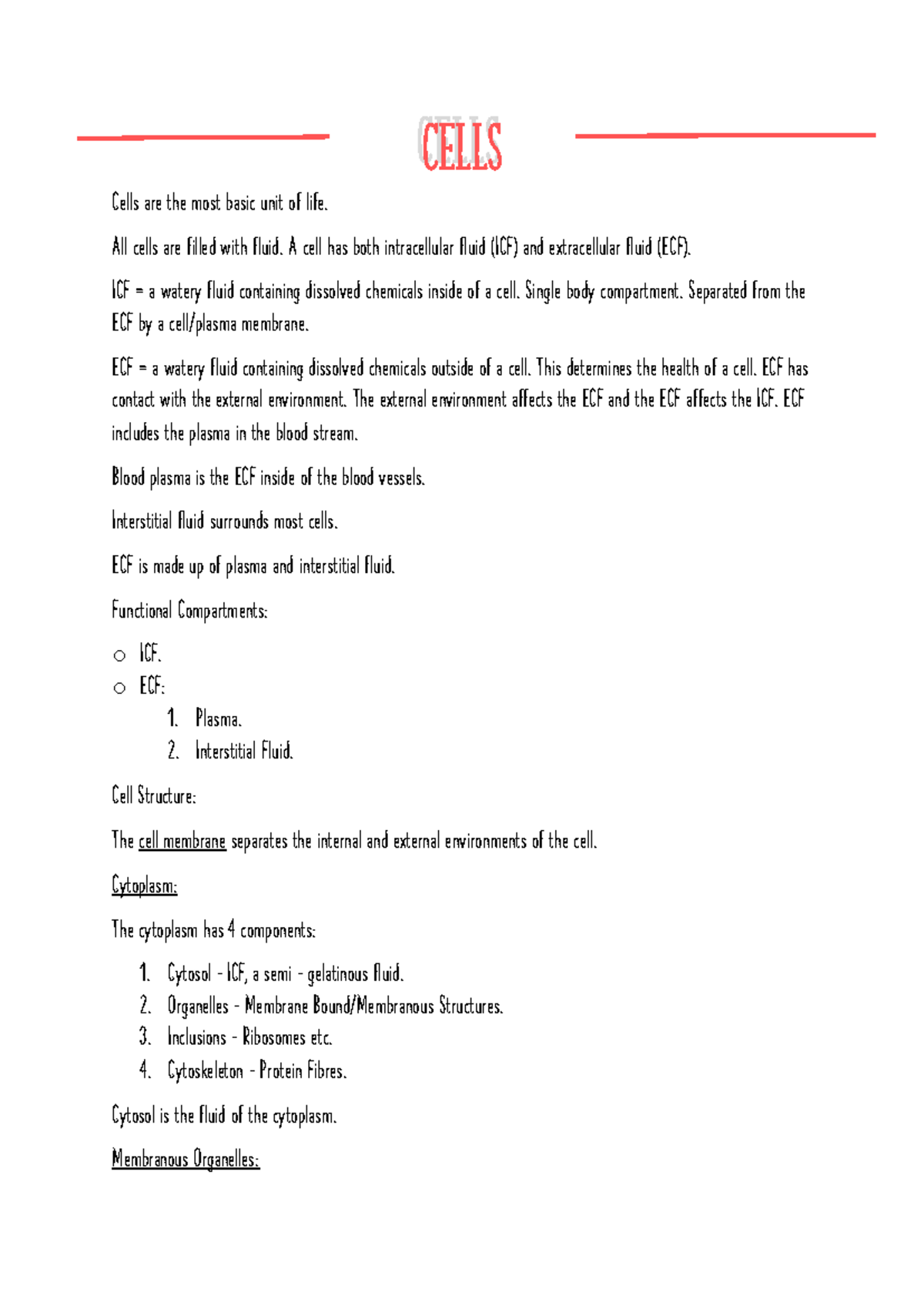 Week 1 - Lecture 1 Notes on Cells and Cell Structure - Studocu