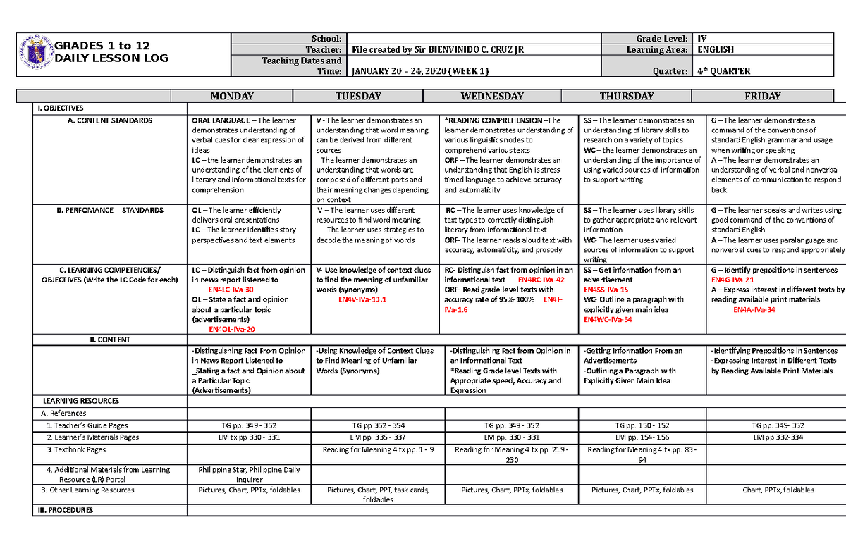 DLL English 4 Q4 W1 - Daily Lesson Log for Grade IV - Studocu