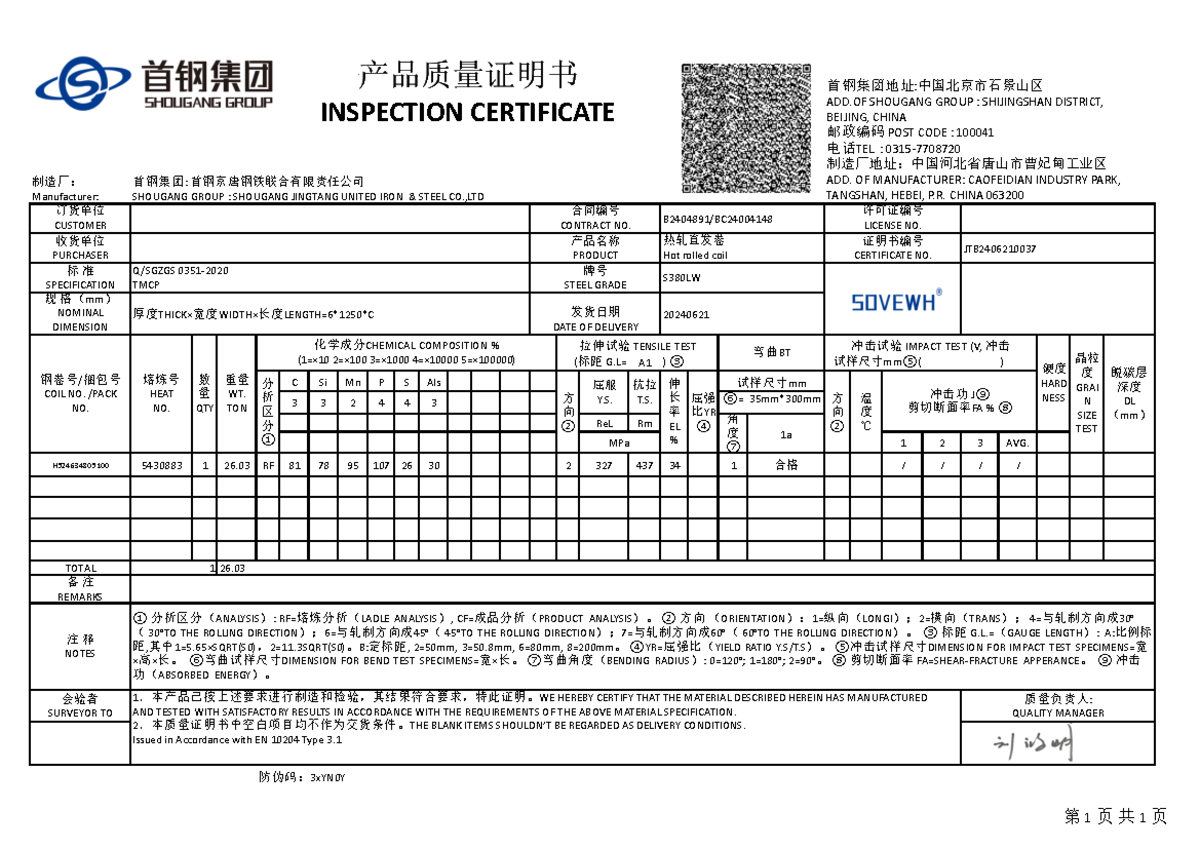 HRC-S380LW; 61250 C; MTC- SHOU GANG - 制造厂： Manufacturer: 订货单位 CUSTOMER ...