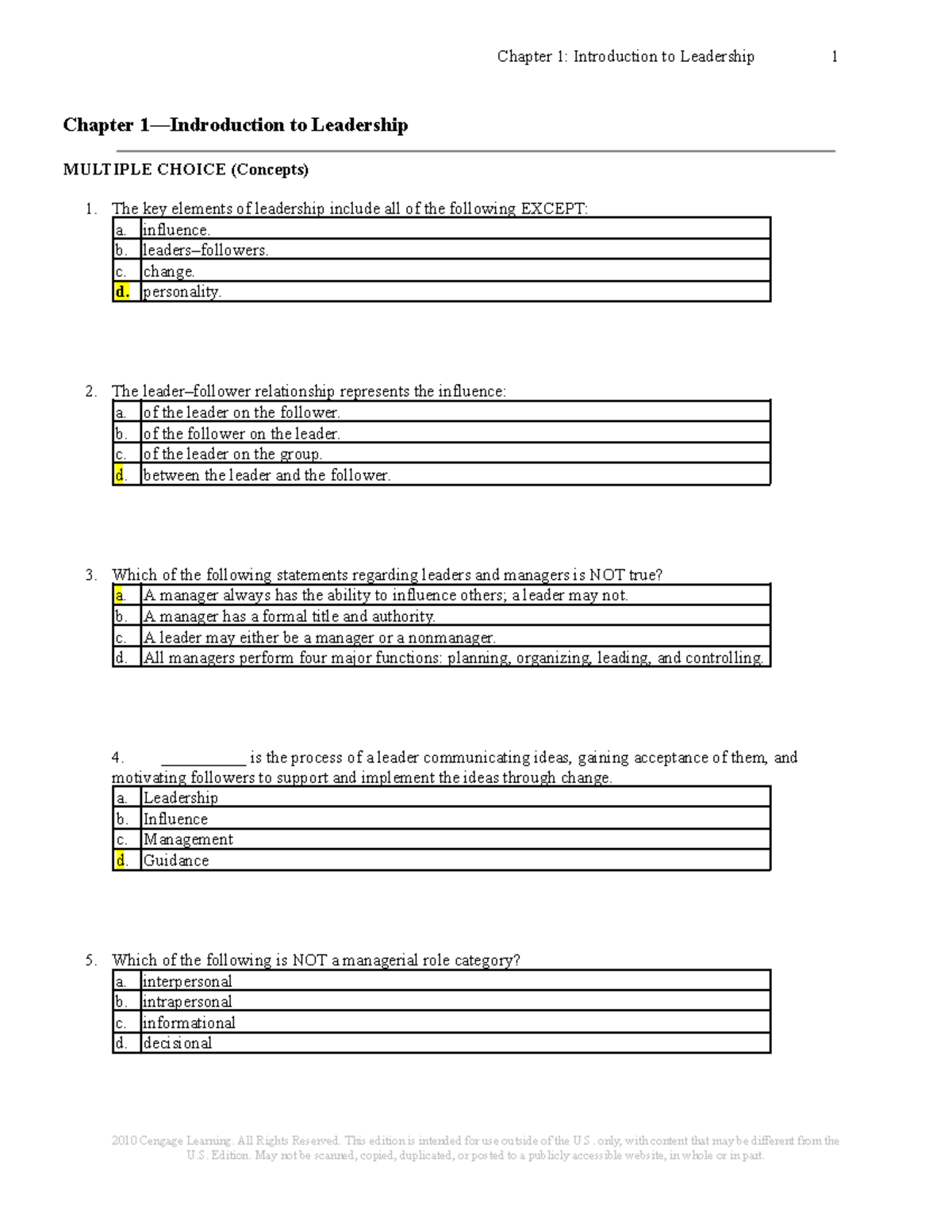 Chapter 1 - Introduction to Leadership Concepts and Multiple Choice ...