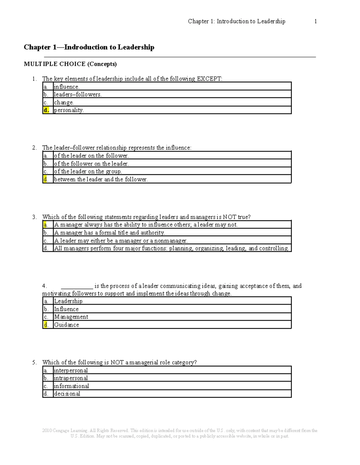 Chapter 1 - Introduction to Leadership Concepts and Multiple Choice ...