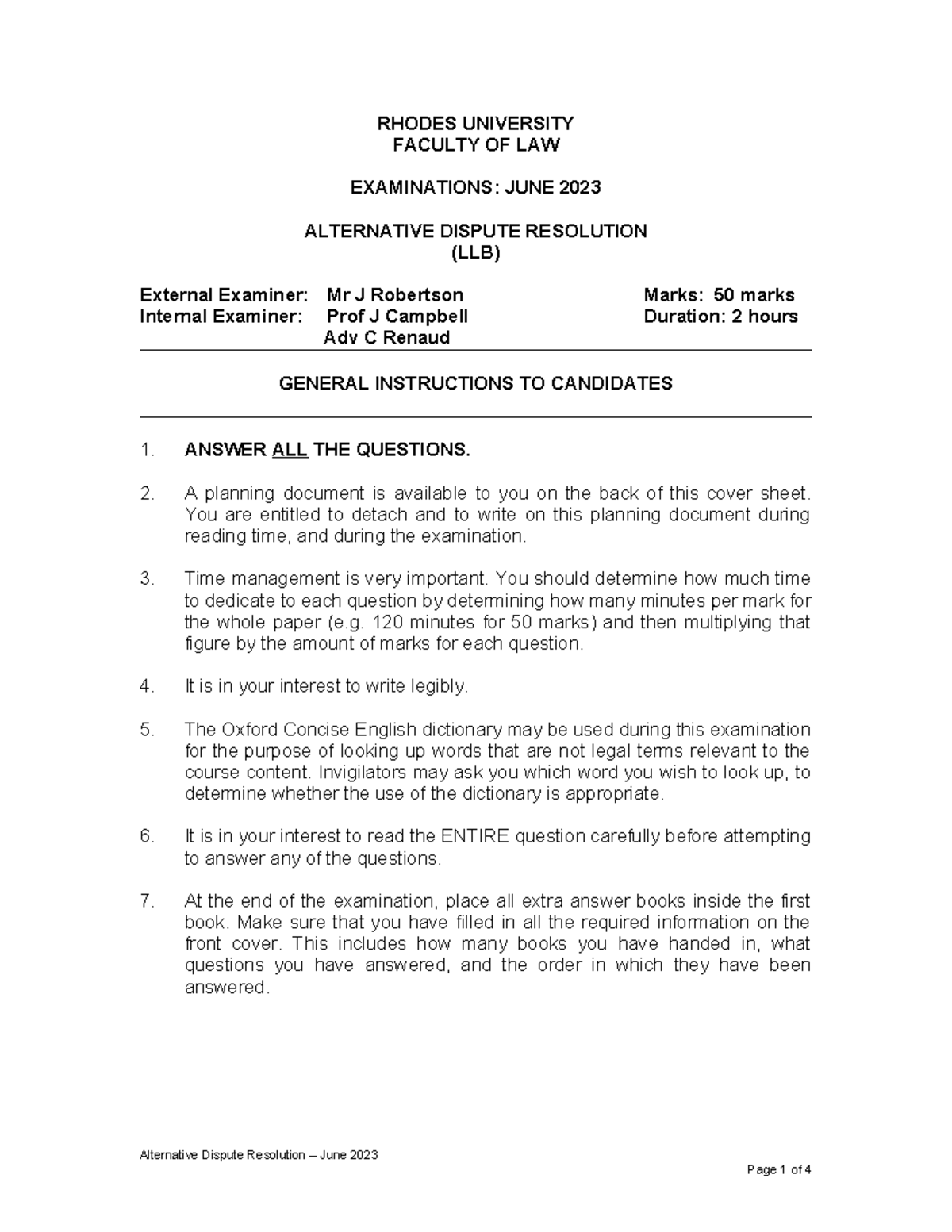 Alternative Dispute Resolution Exam Paper (LLB) - June 2023 Guide - Studocu