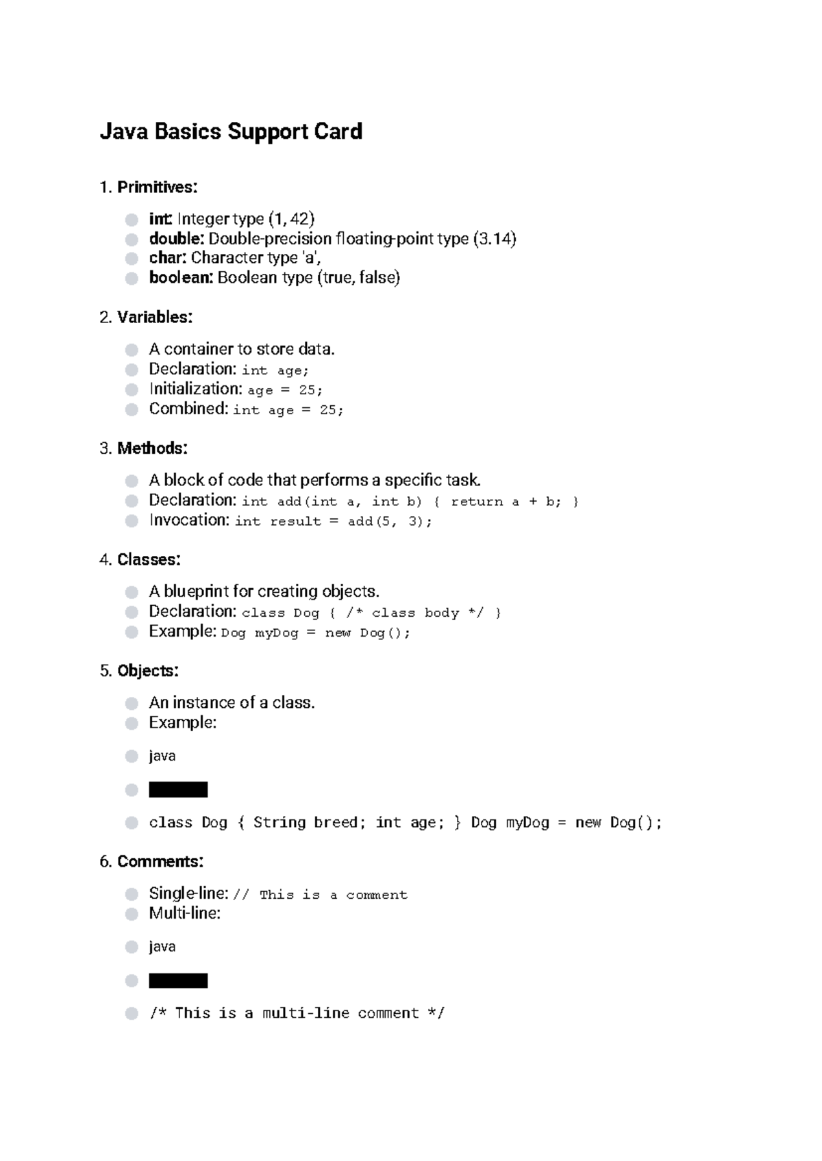Java Lite Support Card: Key Concepts & Basics for Beginners - Studocu