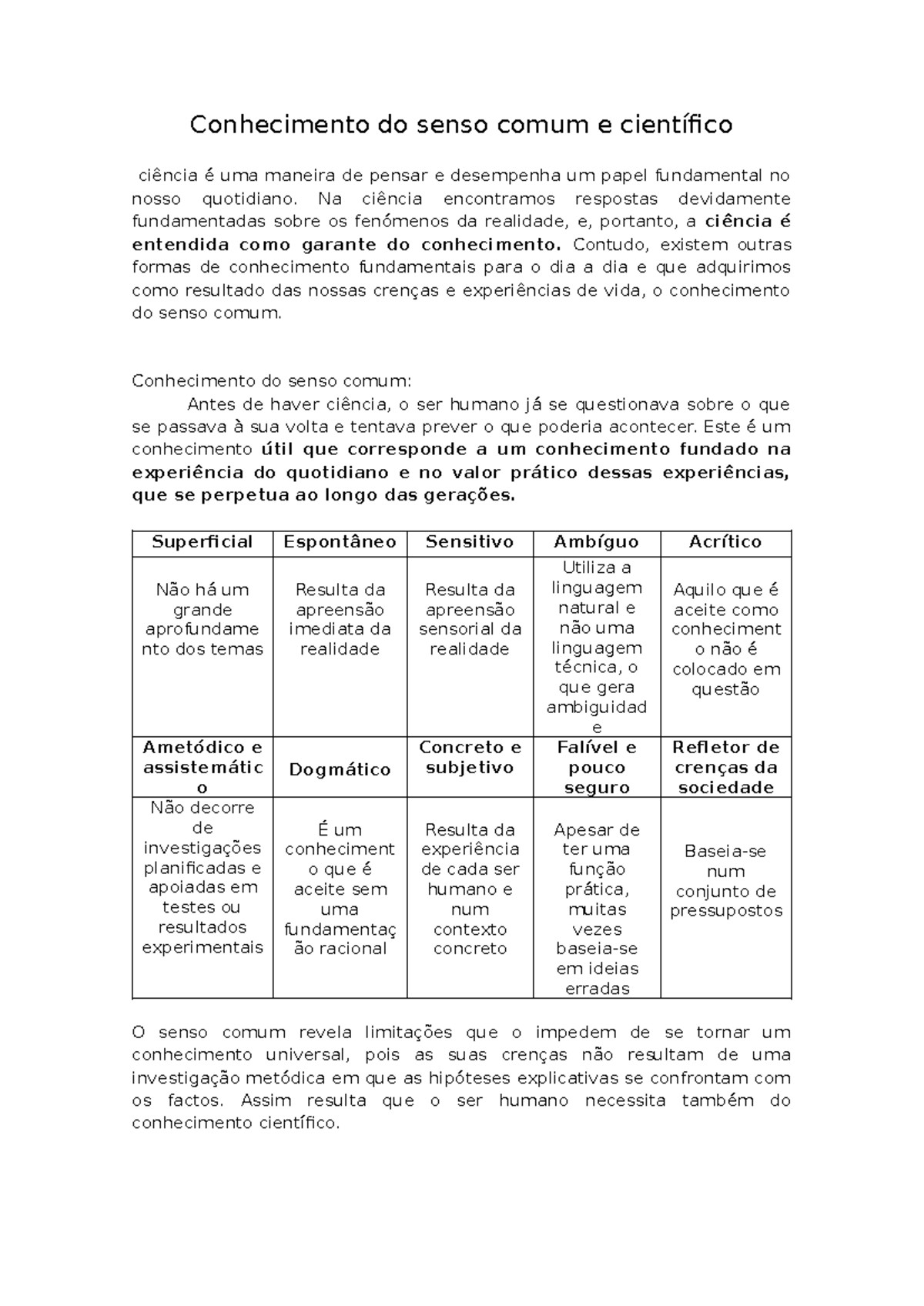Senso Comum e Conhecimento Científico: Uma Análise Comparativa - Studocu