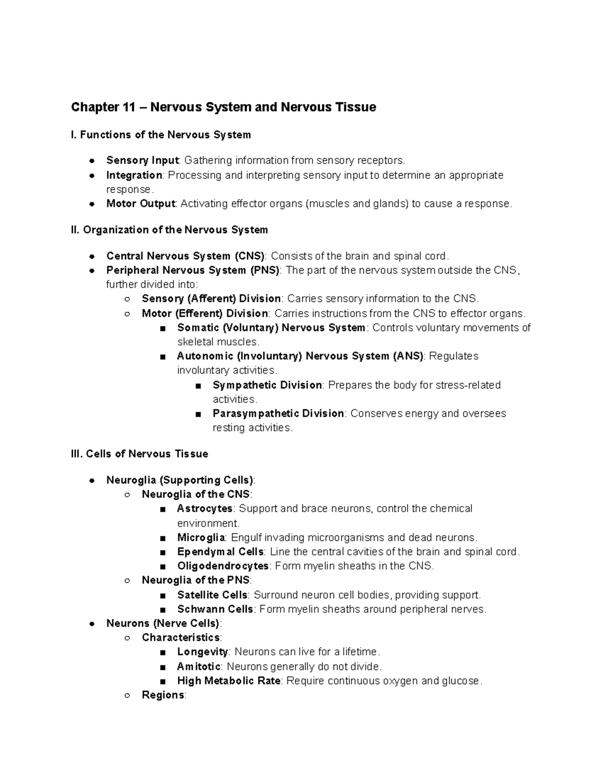 Chapter 11: Overview of the Nervous System and Tissue Functions ...