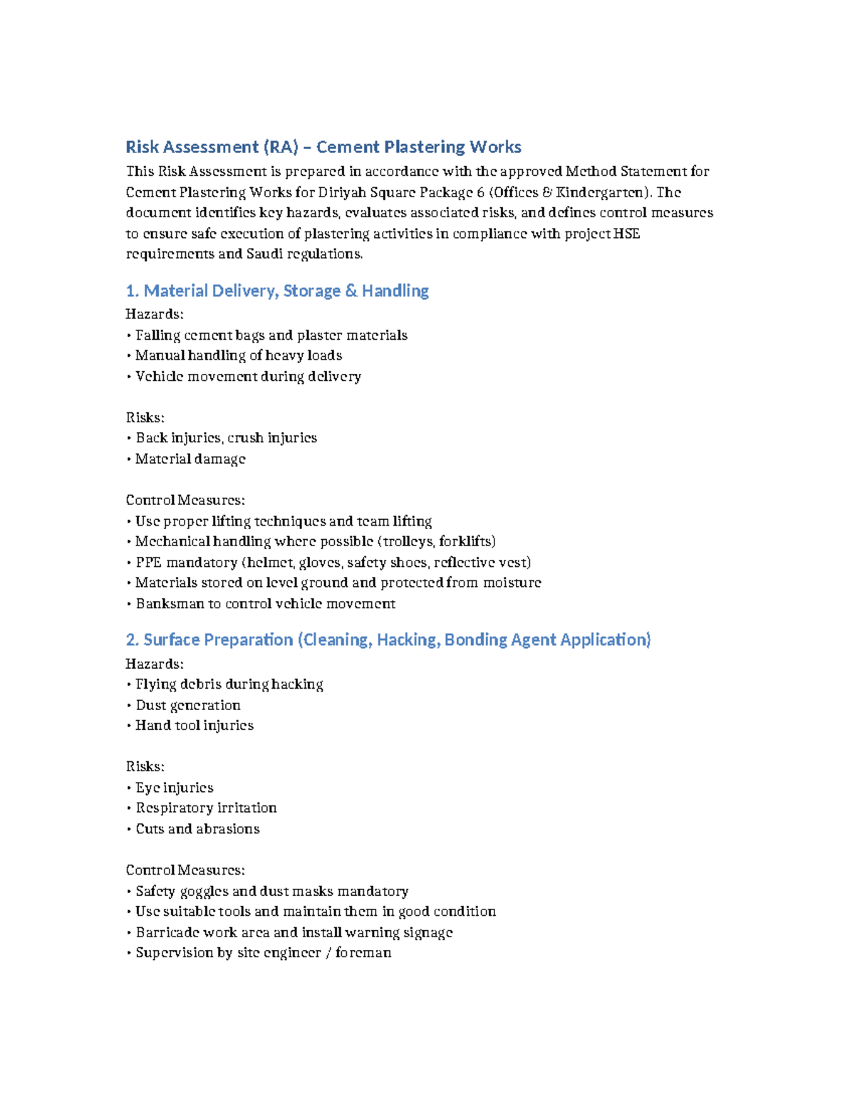 Risk Assessment (RA) for Cement Plastering Works - Diriyah Square - Studocu