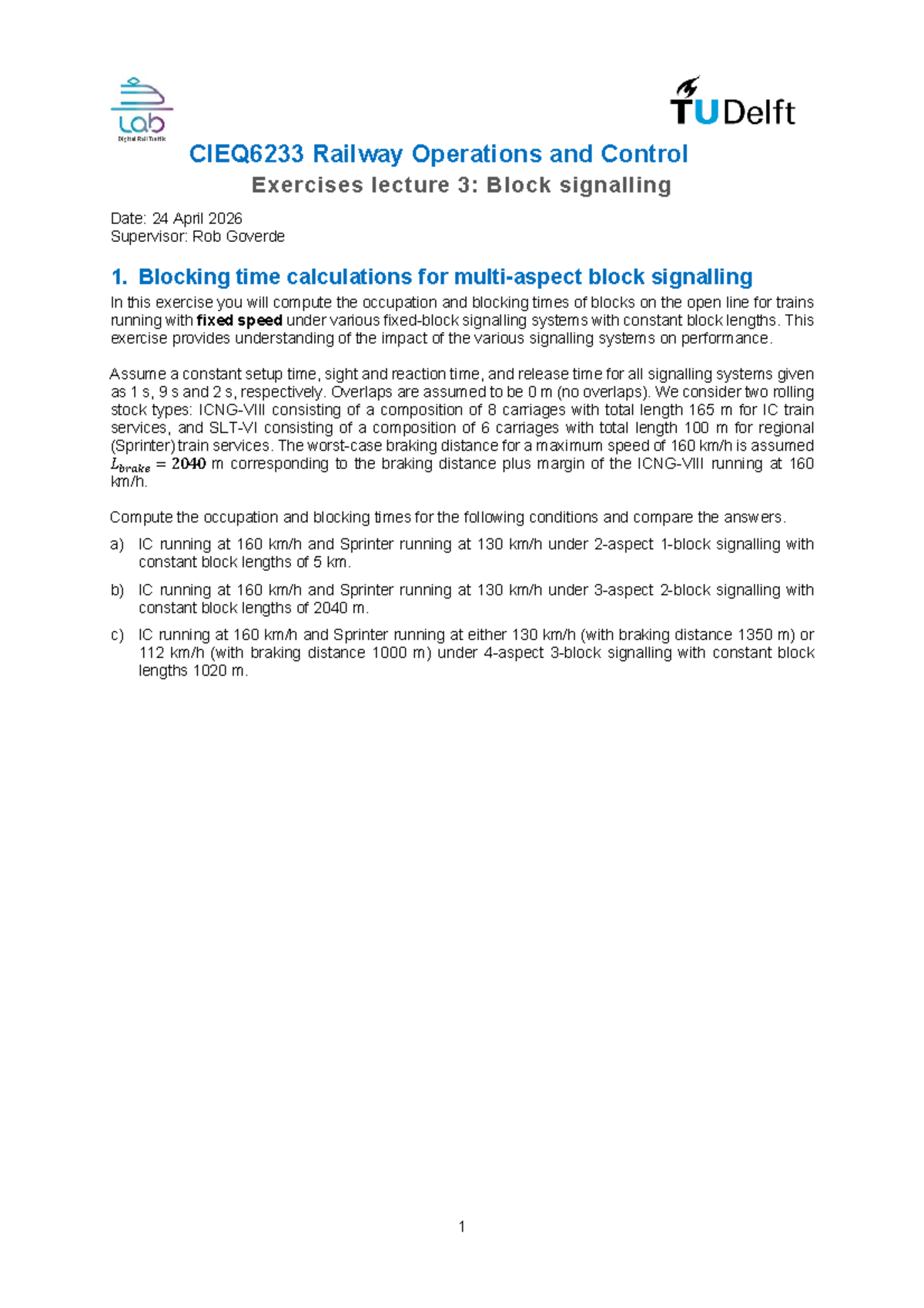 CIEQ6233 Exercises: Block Signalling Calculations - Studeersnel