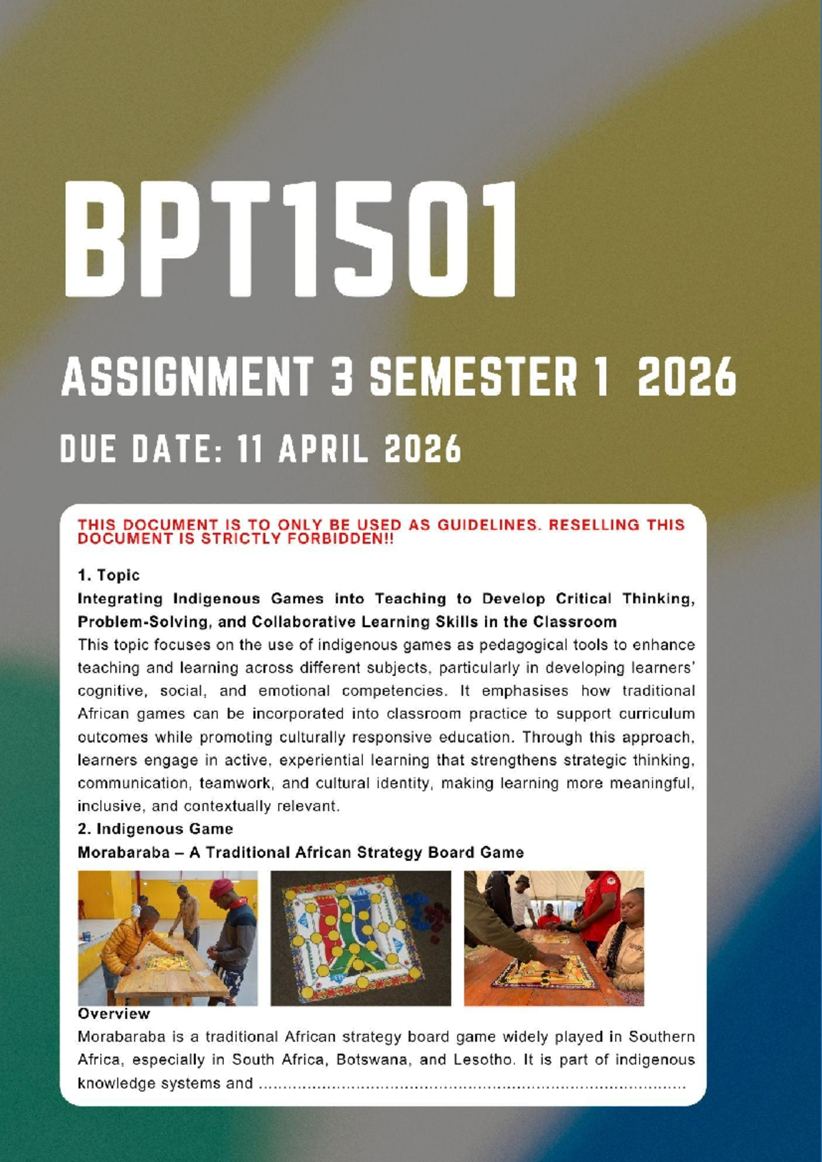 BPT1501 Assignment 3 SEM 1 2026: Integrating Indigenous Games in ...