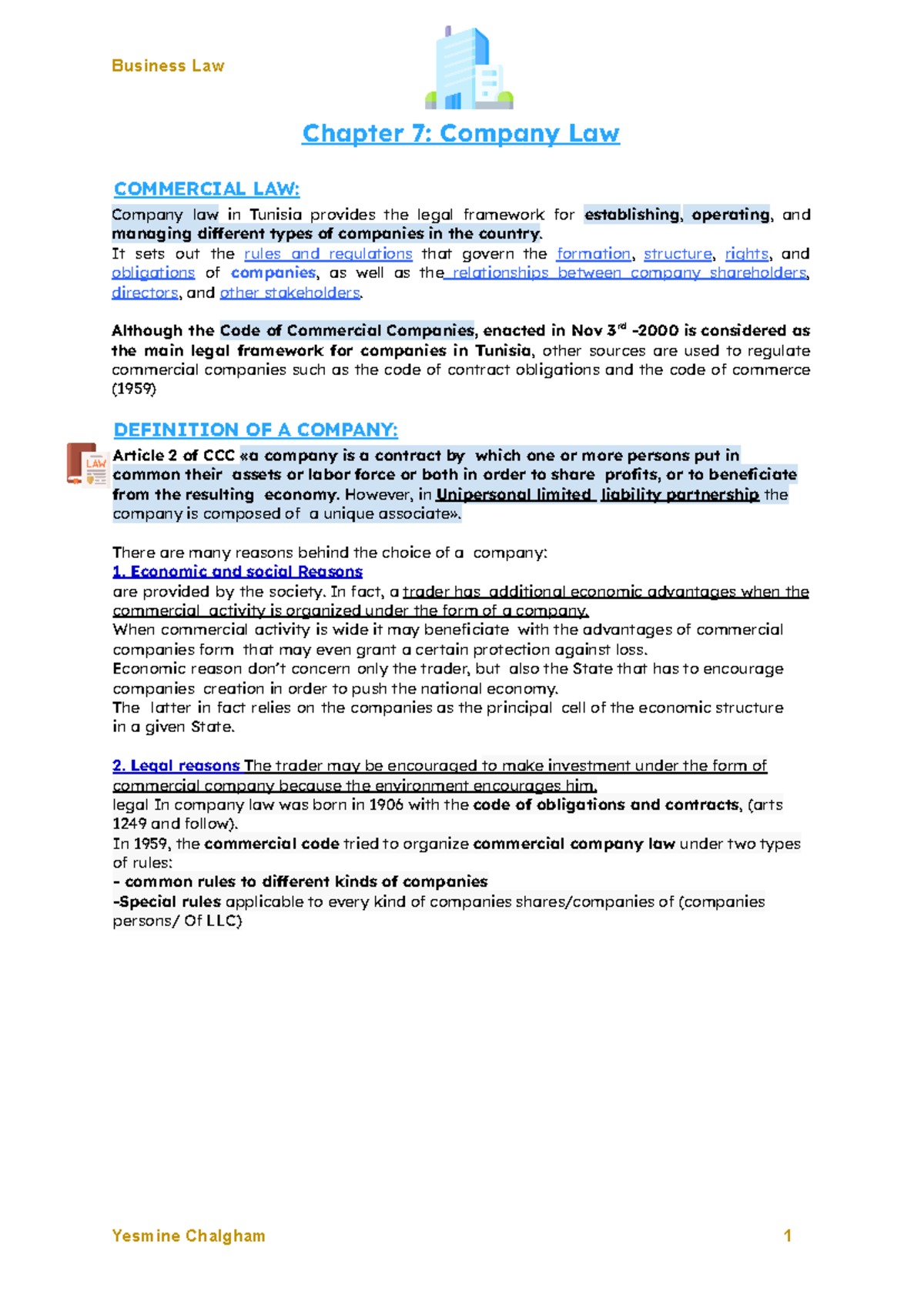B.LAW Chapter 7: Company Law Overview and Key Provisions - Studocu