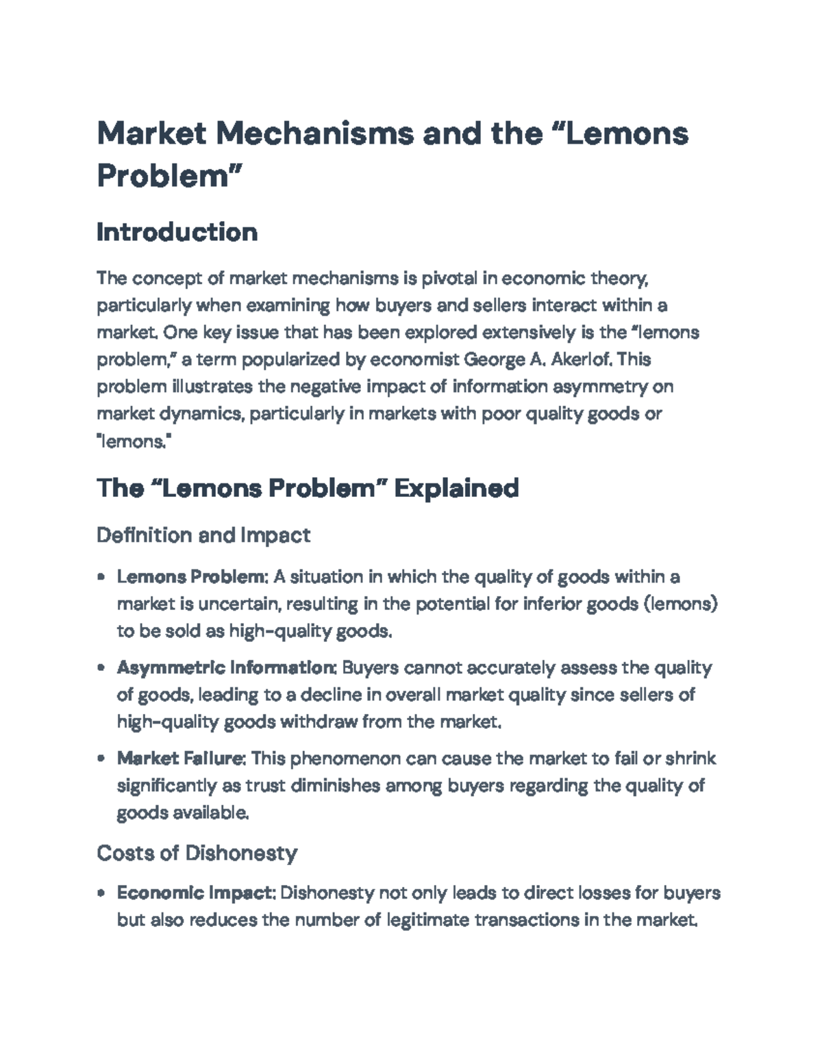 Market Mechanisms and the Lemons Problem Analysis - Market Mechanisms ...