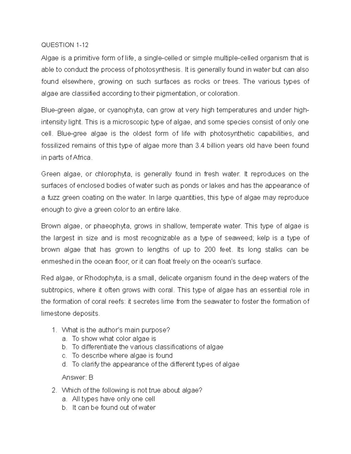 Biology 101: Diagnostic Pretest on Algae Classification and Features - Document Preview