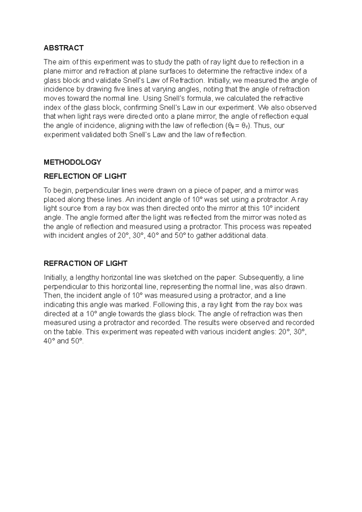Lab Report 8: Reflection and Refraction of Light Experiment - Studocu