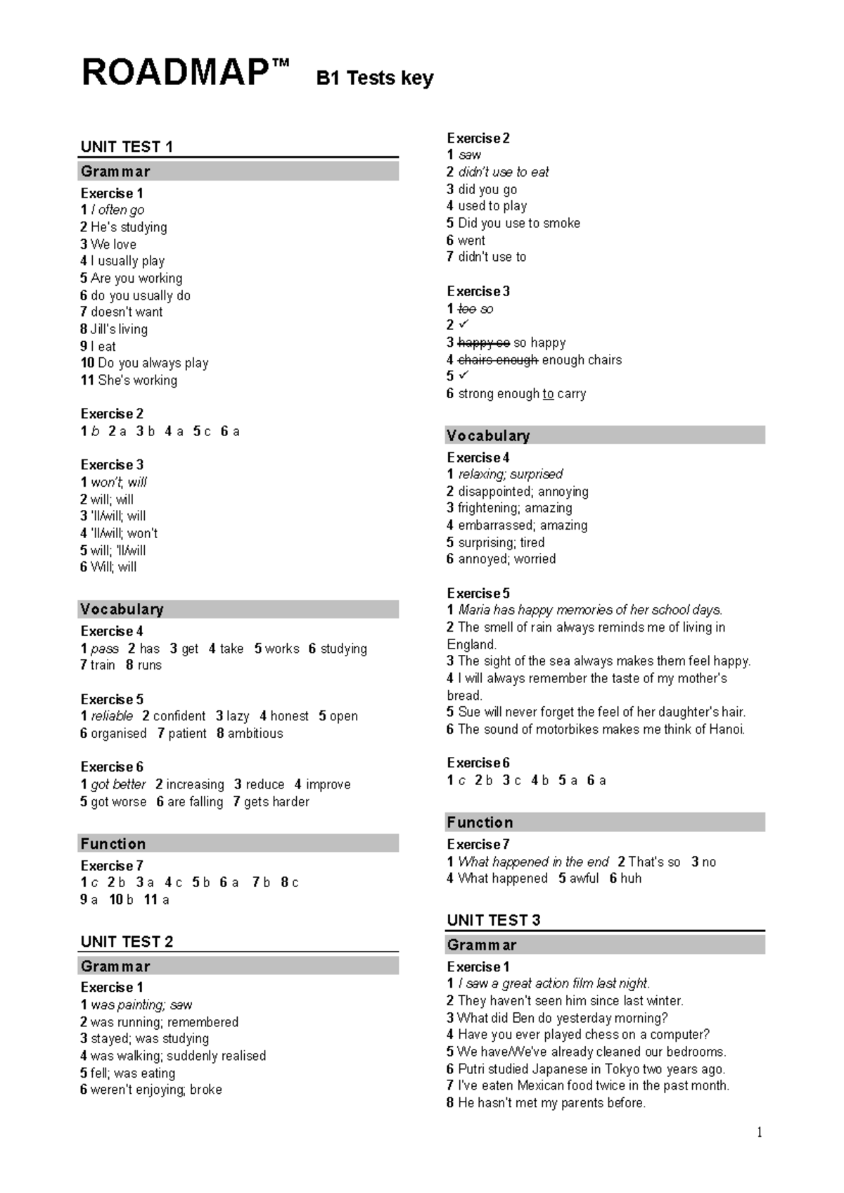 B1 Unit Tests Answer Key - Đáp án TA2 - Studocu