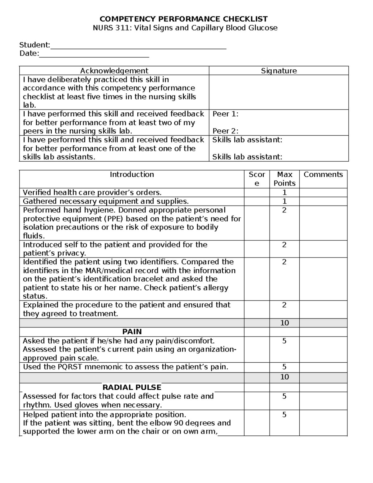 Vital Signs Competency Checklist - COMPETENCY PERFORMANCE CHECKLIST ...