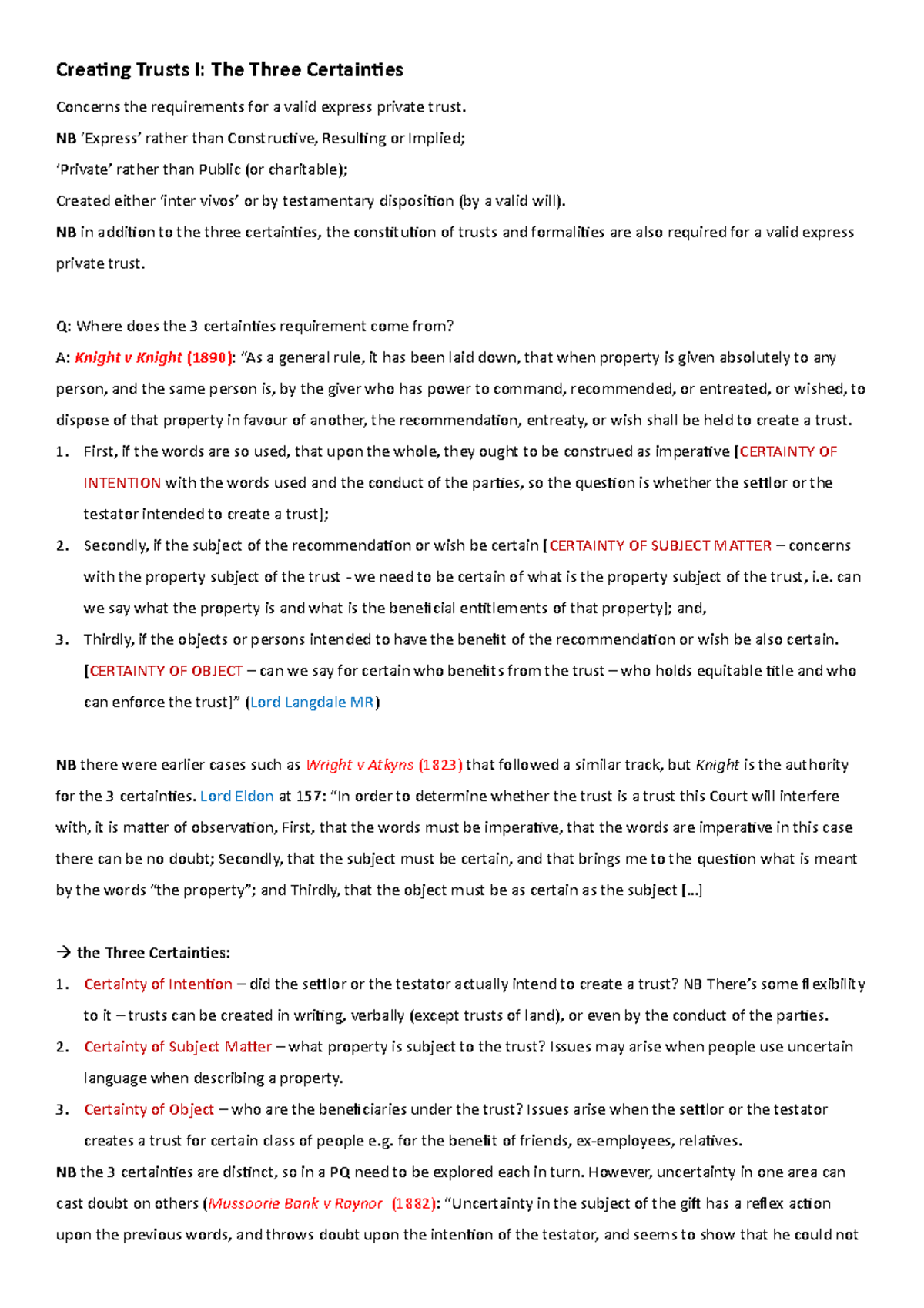 Creating Trusts I: Understanding the Three Certainties in Law - Studocu