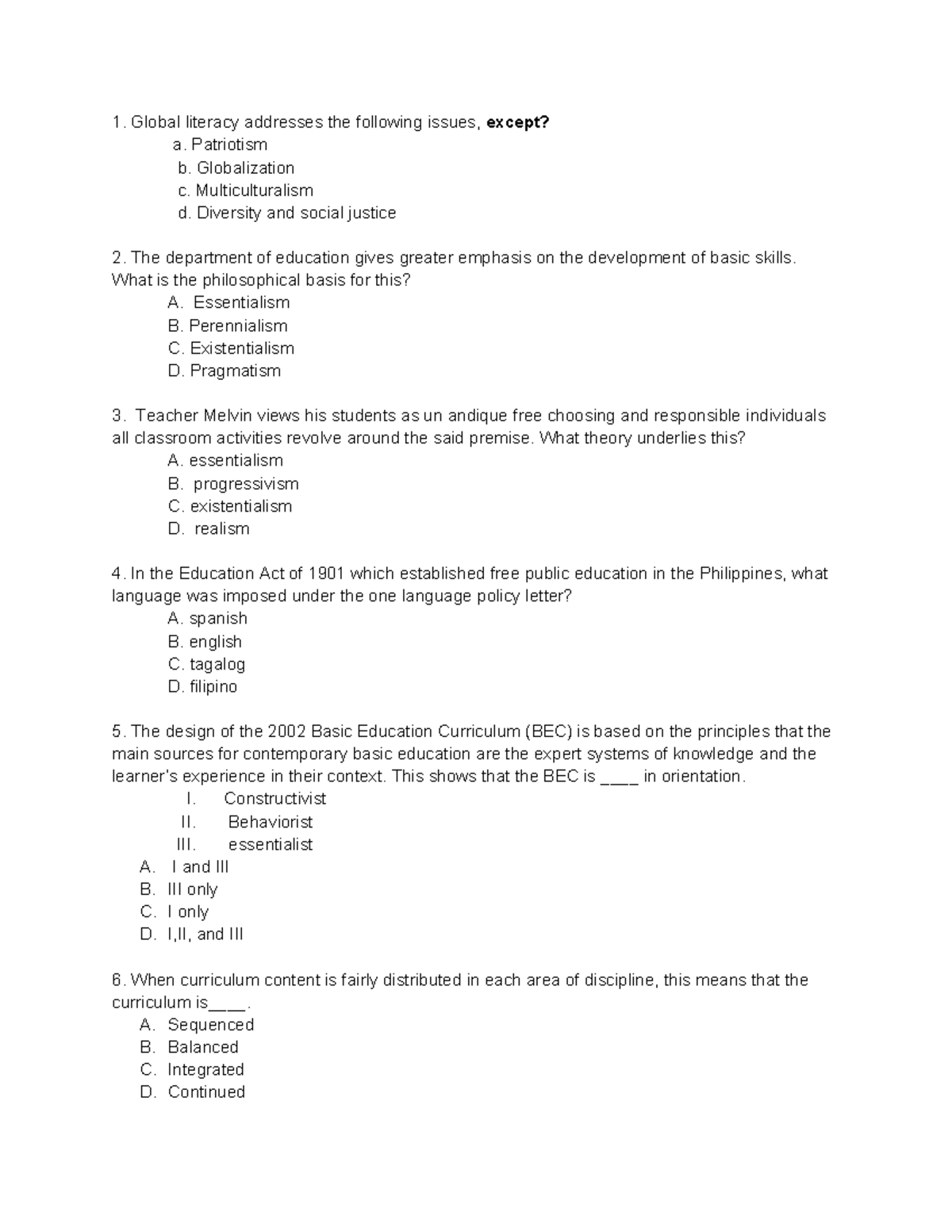 Prof Ed The Teacher and the Curriculum Review Questions 2024 - Studocu