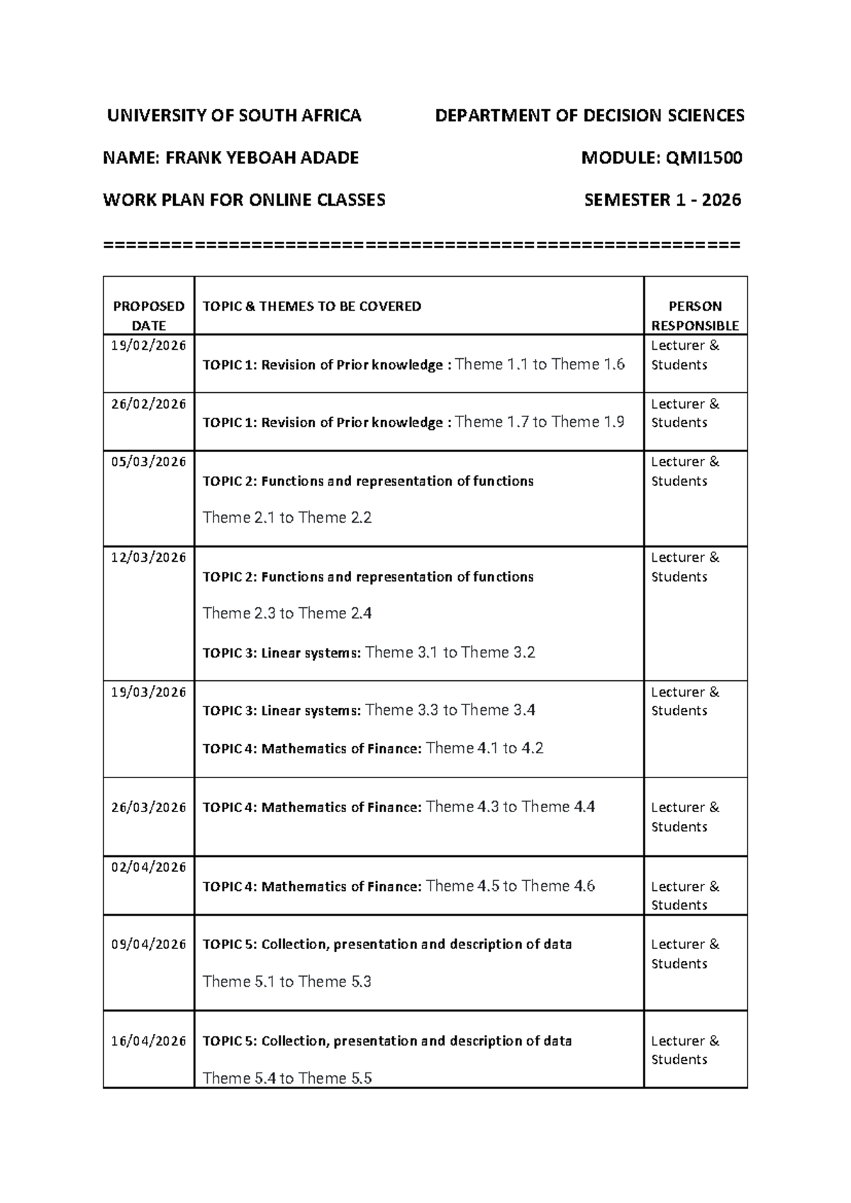 QMI1500 Online Class Work Plan & Schedule - Semester 1 2026 - Studocu