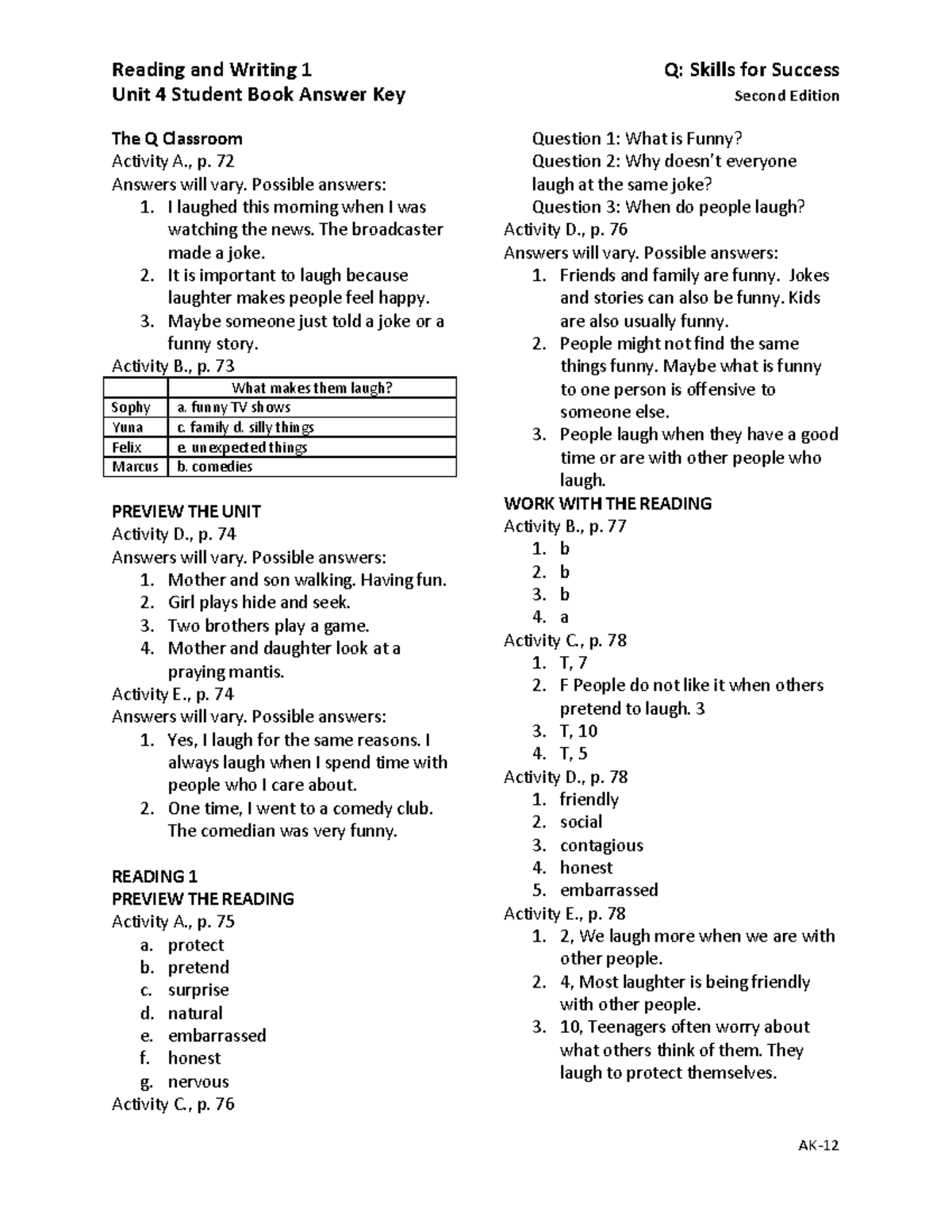Q2e RW1 U04 Answer Key - KEys - Unit 4 Student Book Answer Key Second ...