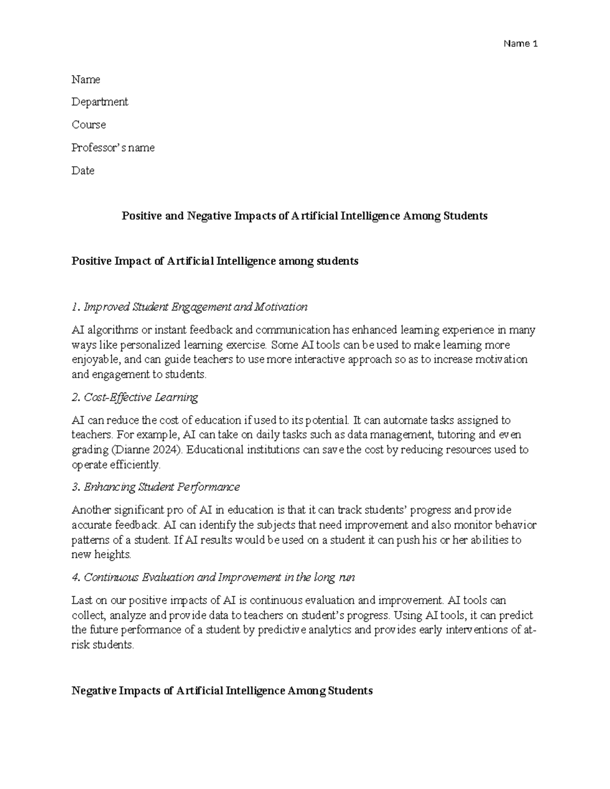Positive and Negative Impacts of AI on Students - Course Code: MLA ...