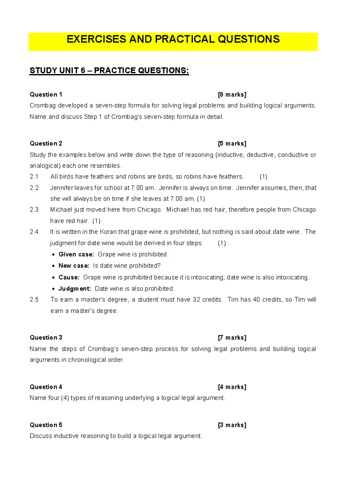 SU 6 Exercises & Practice Questions on Legal Reasoning - Studocu
