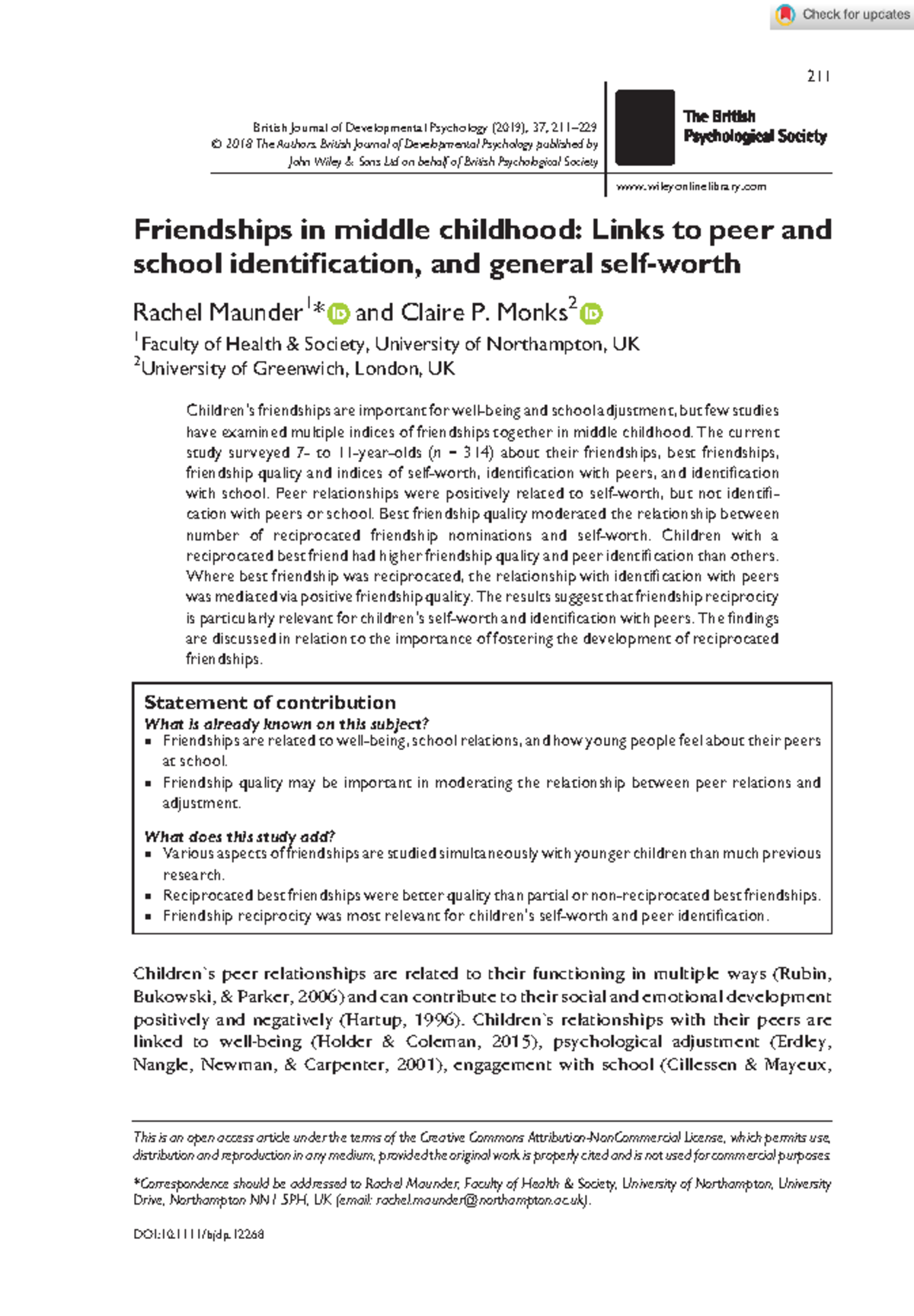Friendships and Self-Worth in Middle Childhood: Exploring Connections ...