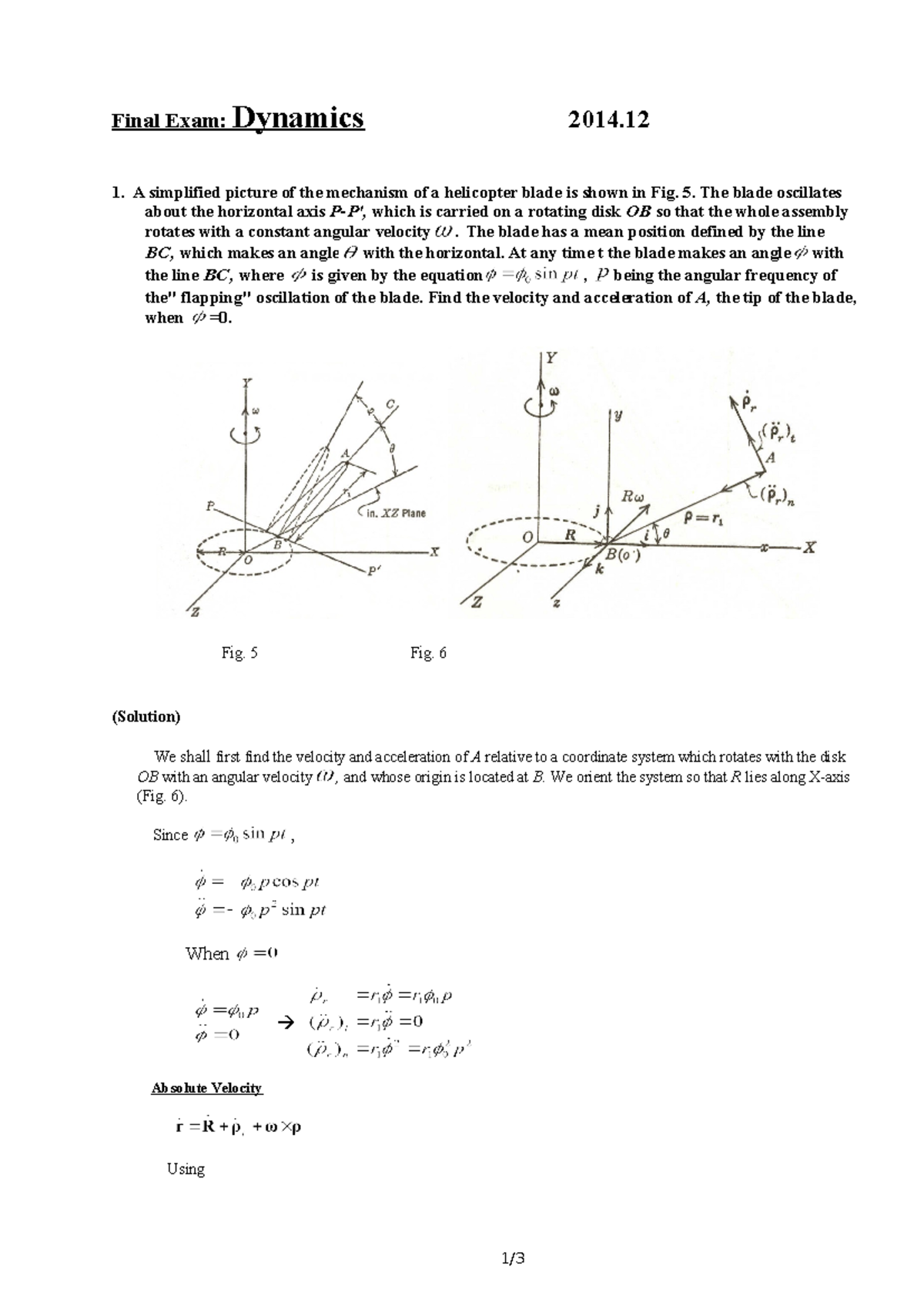 기말고사 2014 02 - final exam - Final Exam: Dynamics 2014 .1 2 1. A ...