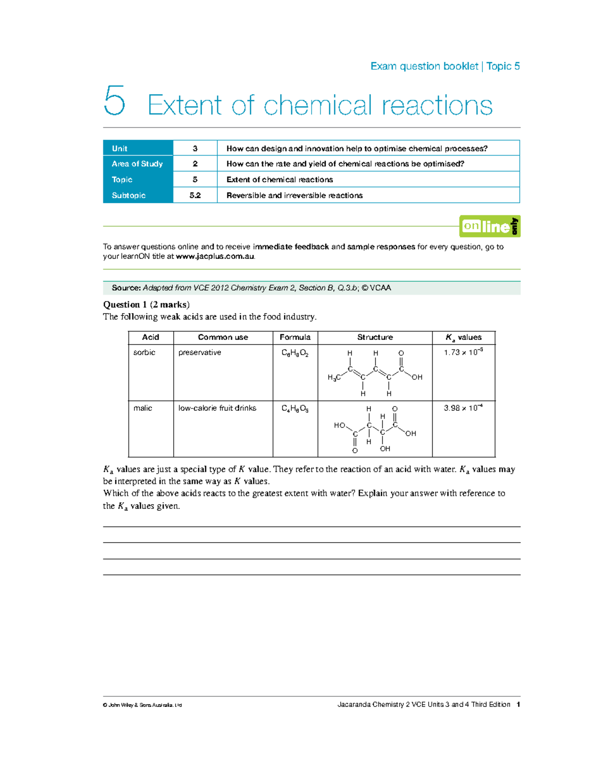 VCE Chemistry Unit 3 Exam Questions: Extent of Chemical Reactions - Studocu