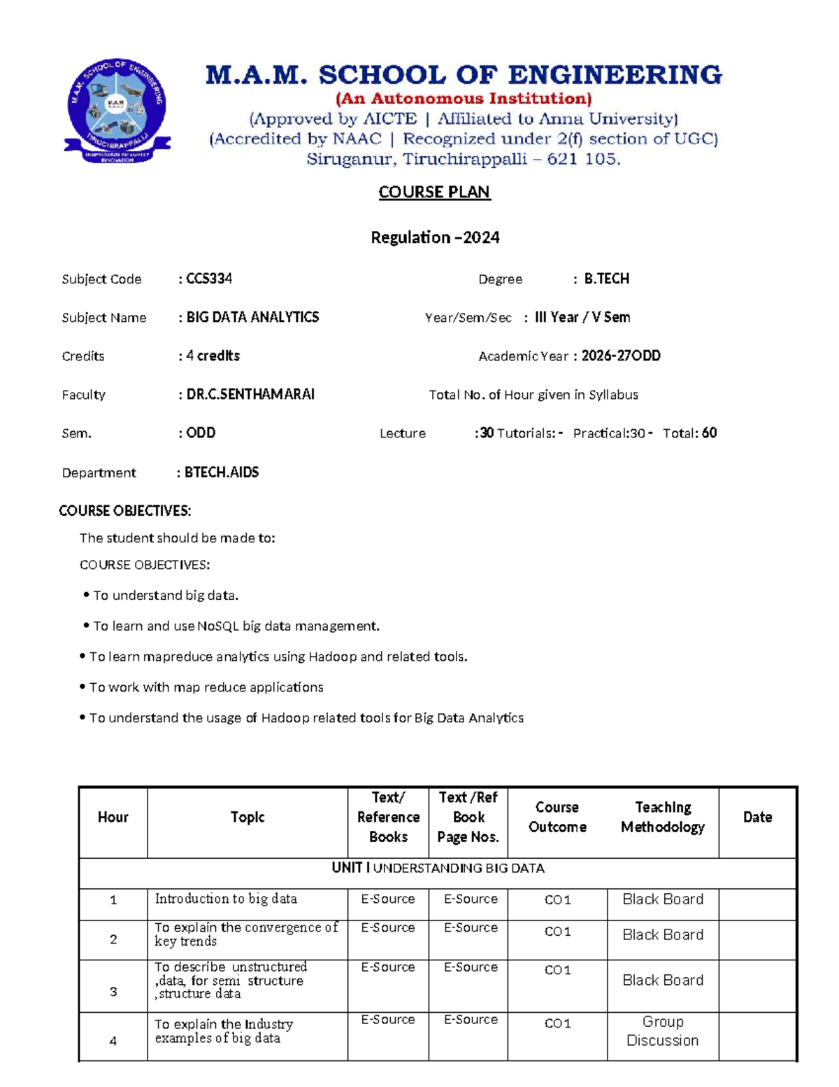 BDA CCS334 Course Plan: Big Data Analytics Overview and Objectives ...