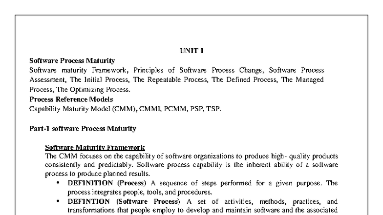 SPPM-UNIT I: Software Process Maturity Framework and Models - Studocu