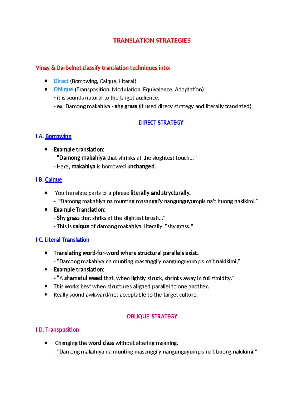 LITT-2108 Translation Strategies: Techniques by Vinay and Darbelnet ...