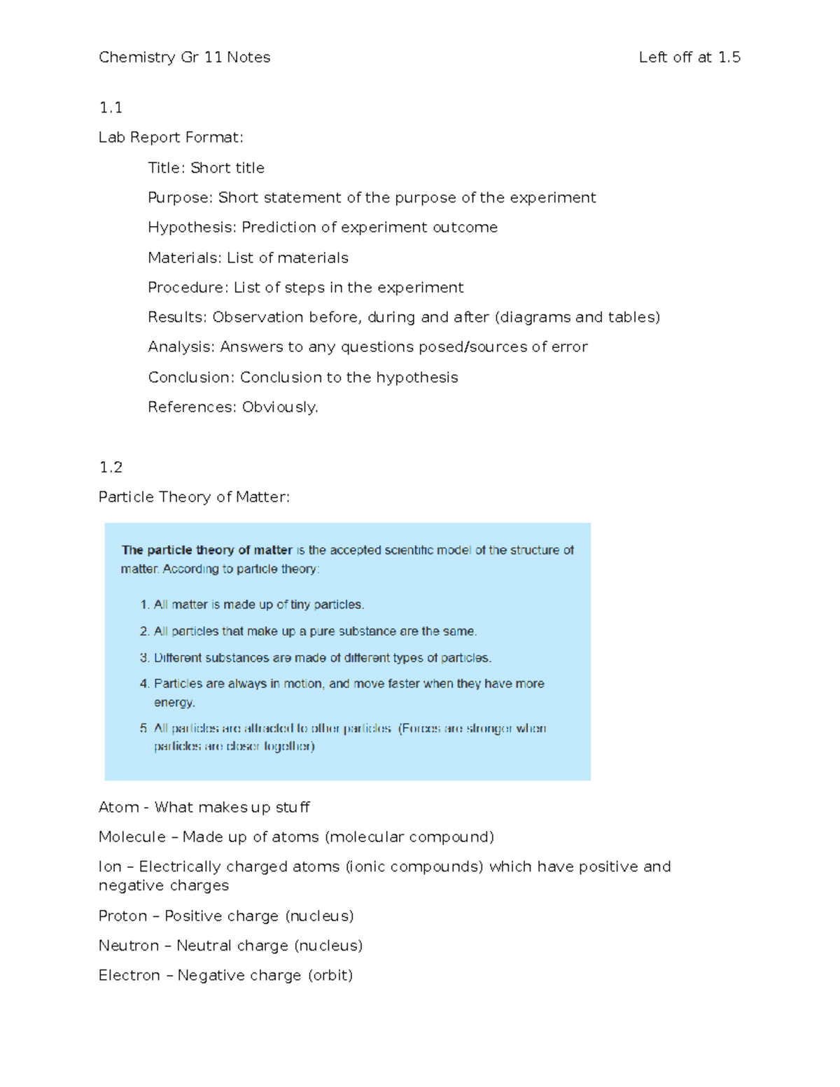 Chem 11: Comprehensive Notes on Particle Theory and Lab Reporting - Studocu