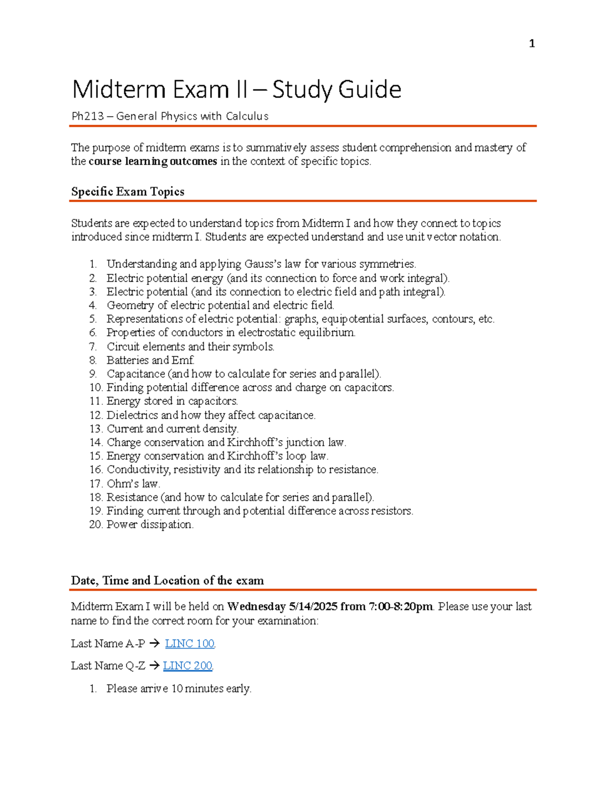 Midterm Exam II Study Guide for PH213: General Physics with Calculus ...