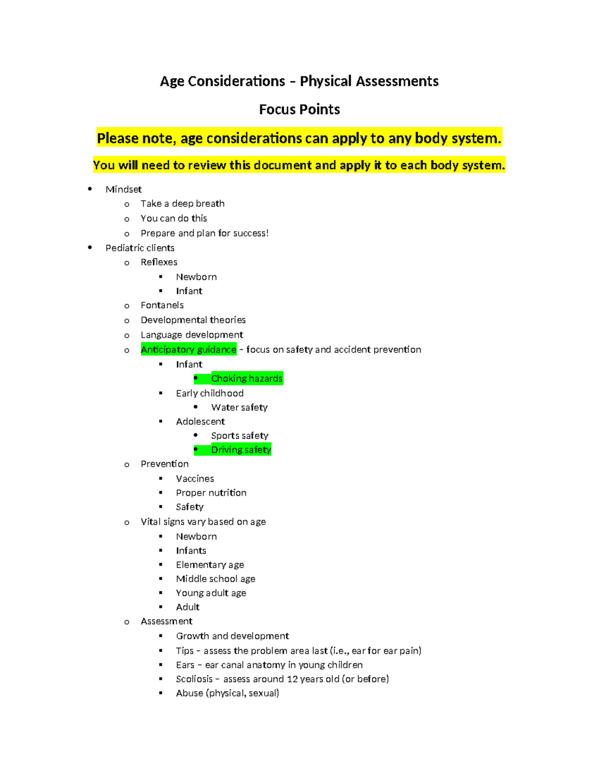 Age Considerations for Physical Assessments: Key Focus Points - Studocu