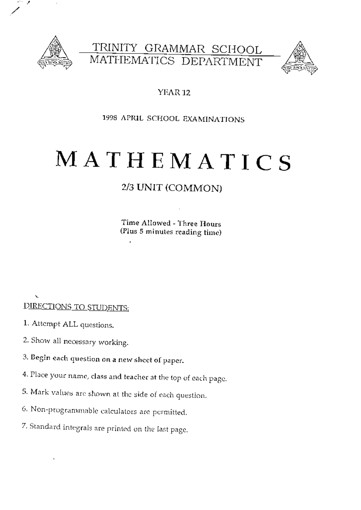 1998 2U - Trinity Grammar - Year 12 Mathematics Half Yearly Exam - Studocu