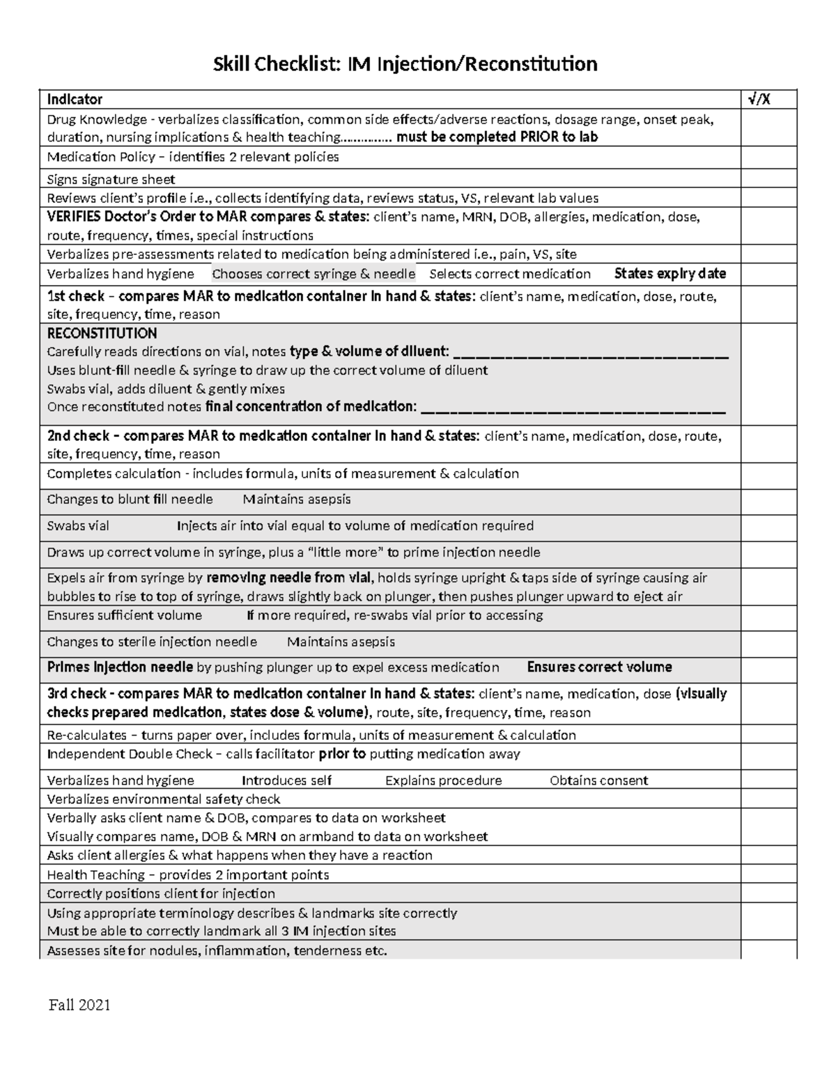 Week 4 Skills Checklist: IM Reconstitution & Medication Administration ...