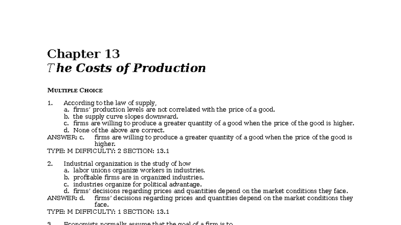 Chapter 13 - ECON 101: The Costs of Production - Multiple Choice ...