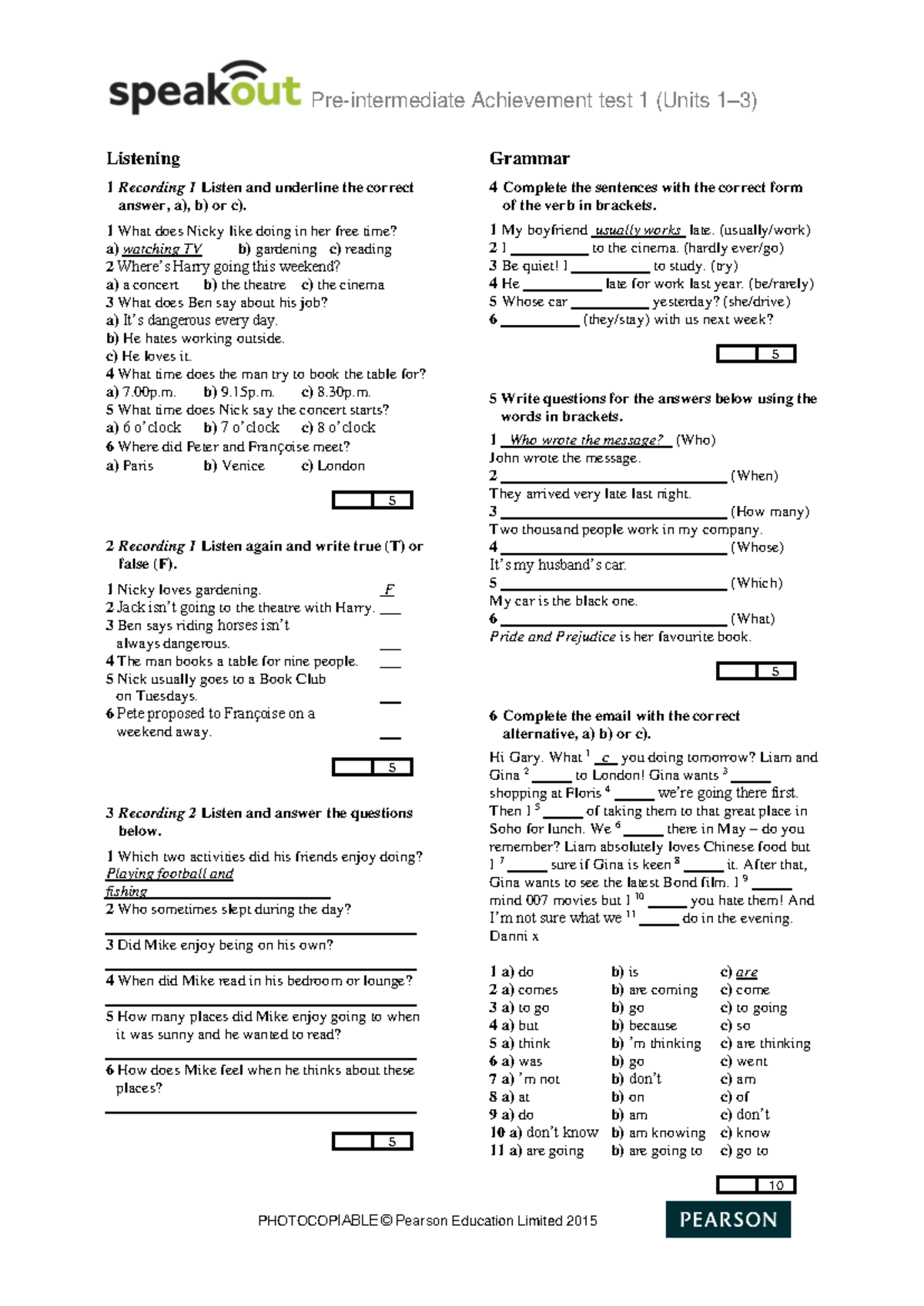 Achievement Test 1 (Units Listening & Grammar) - SO2nd Ed PI - Studocu