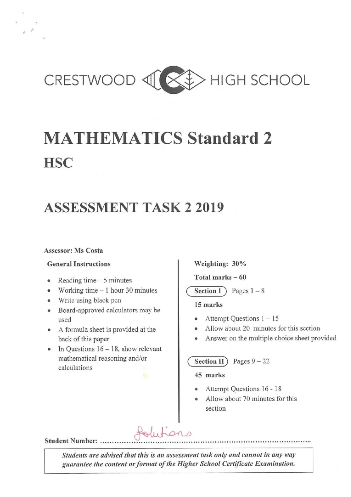 Standard 2 Mathematics HSC Assessment Task 2 2021 - Past Paper - Studocu