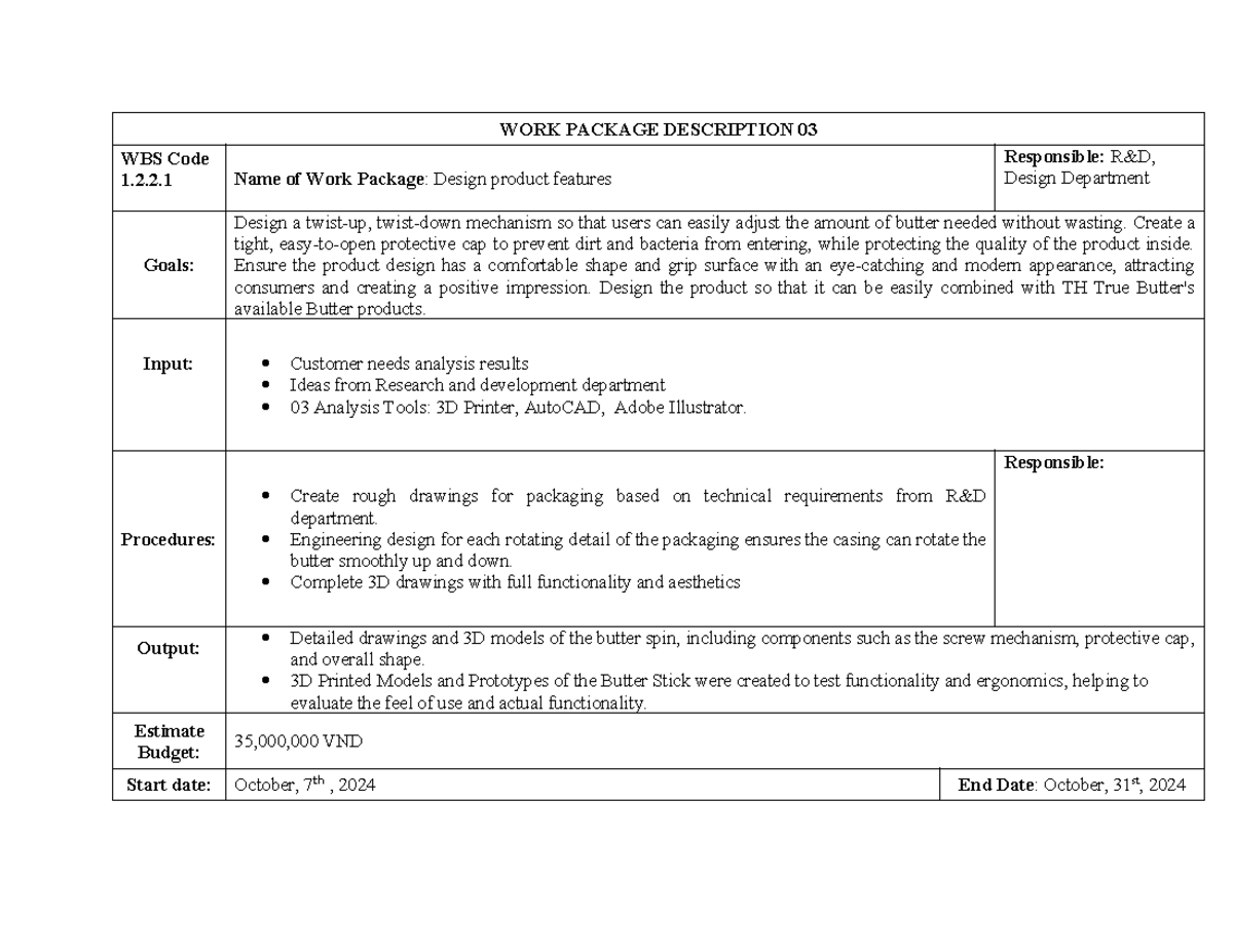 WORK Package Description 03: Design Product Features Overview - Studocu
