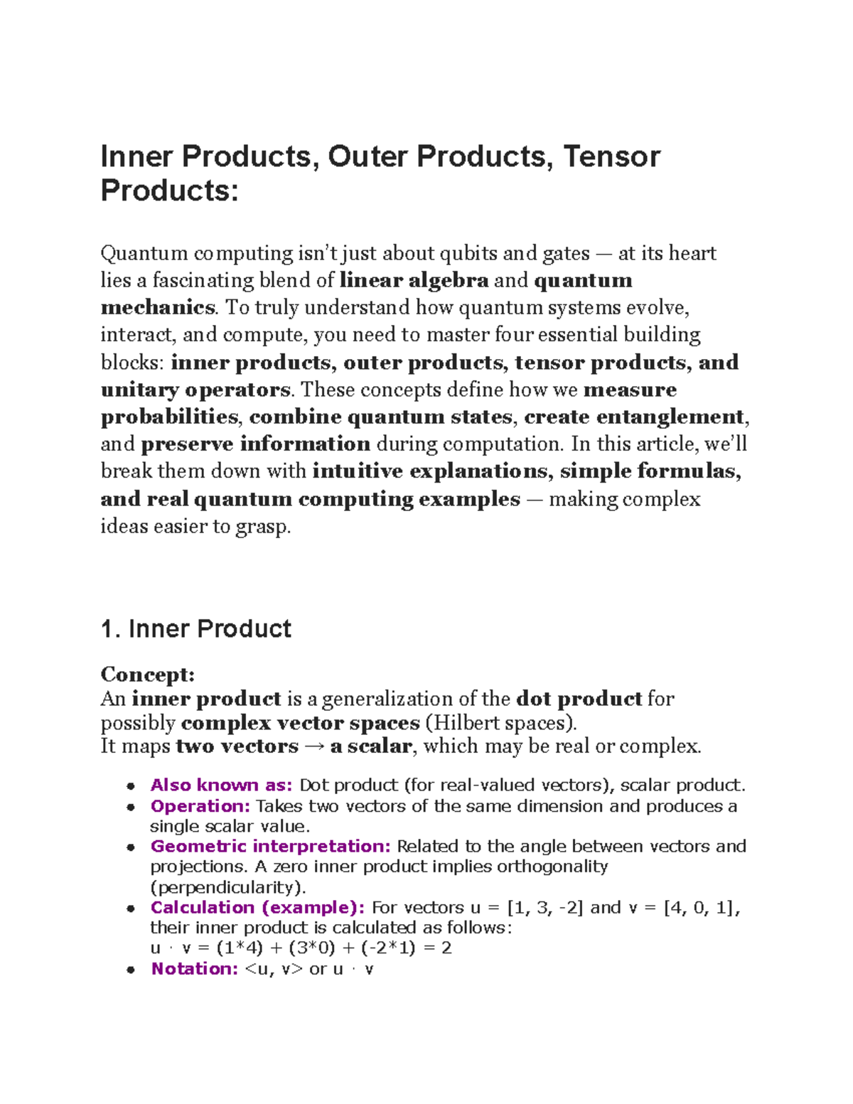 Inner and Outer Products: Essential Notes for Quantum Computing (QUB101 ...
